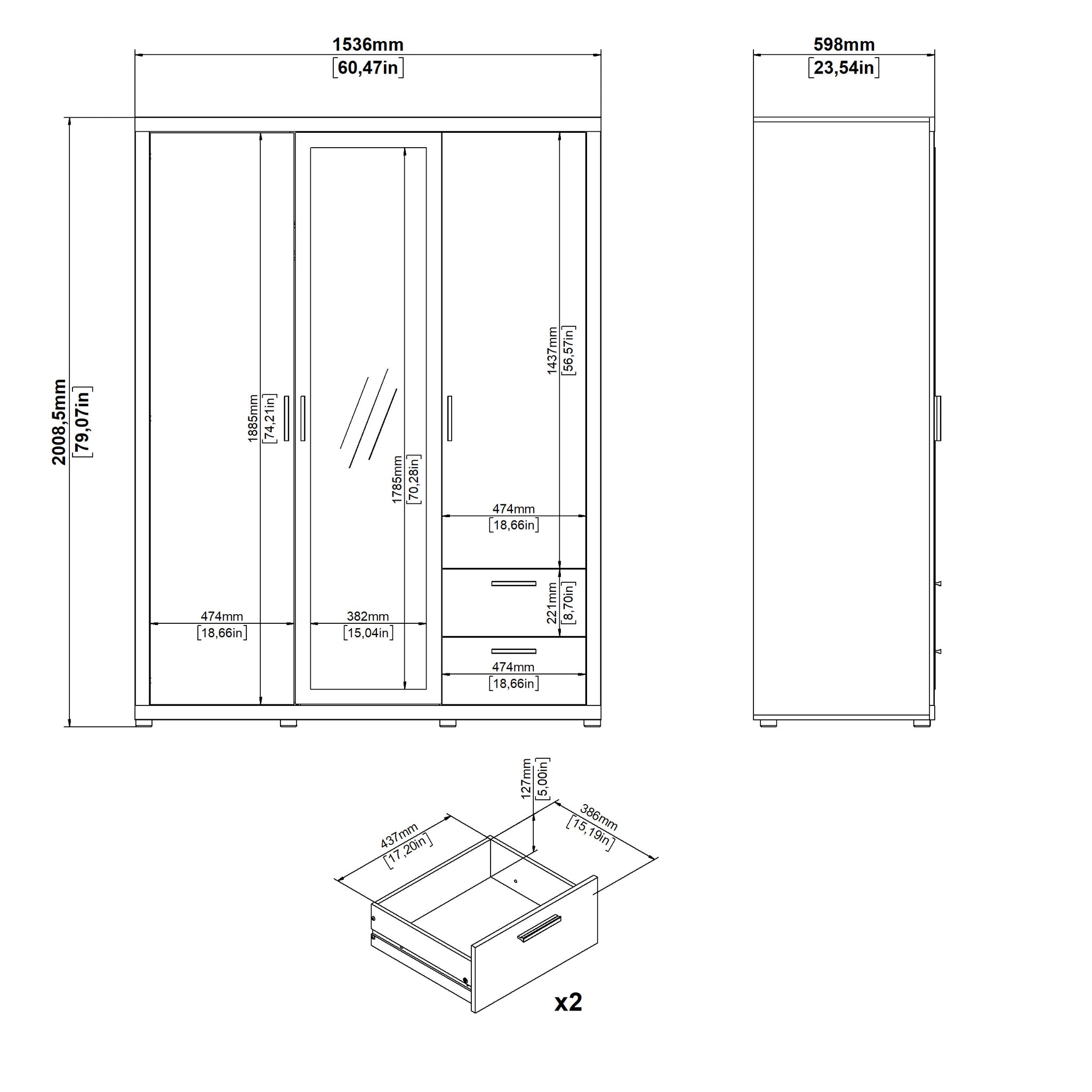 ORNVA | ארון 3 דלתות ו-2 מגירות, בחיפוי מלמין