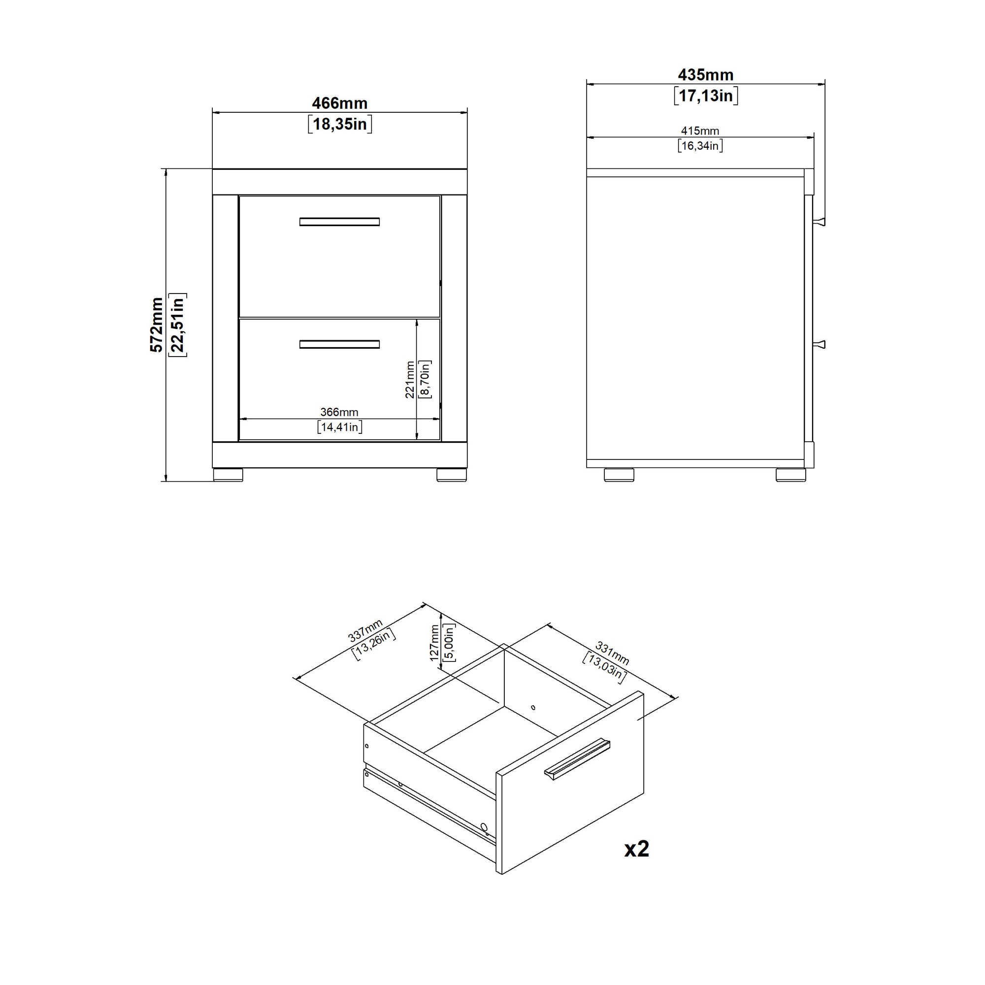 FRAMO | שידת לילה 46/41 ס"מ, עם 2 מגירות - KUALA