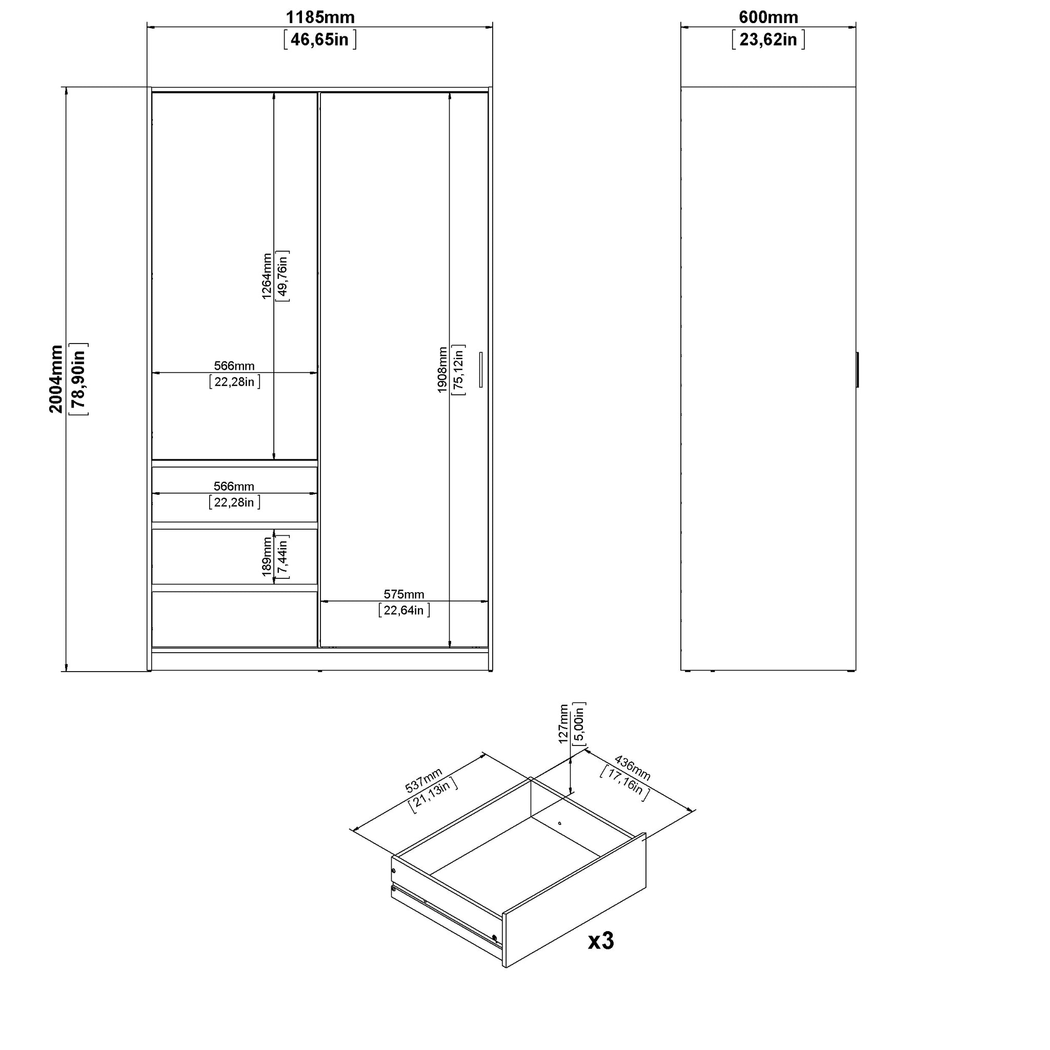 EINAR | ארון 2 דלתות ו-3 מגירות, בחיפוי מלמין