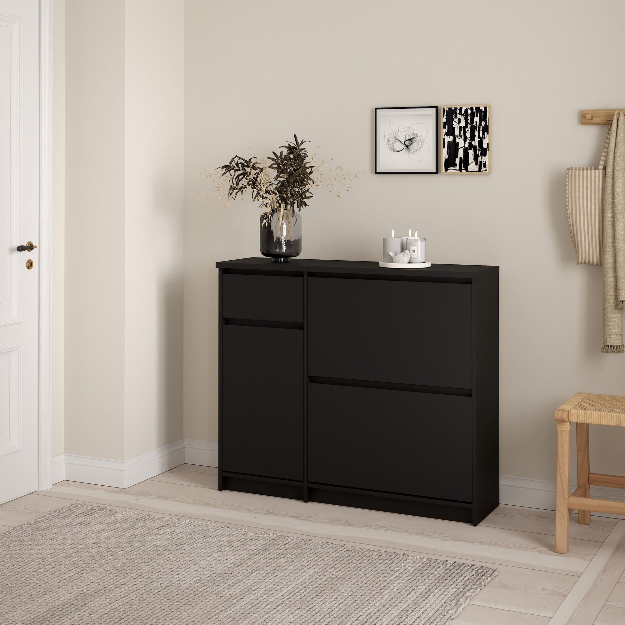 LOKES | ארון נעליים ממלמין, עם מדפים כפולים, מגירה ומדפים סגורים