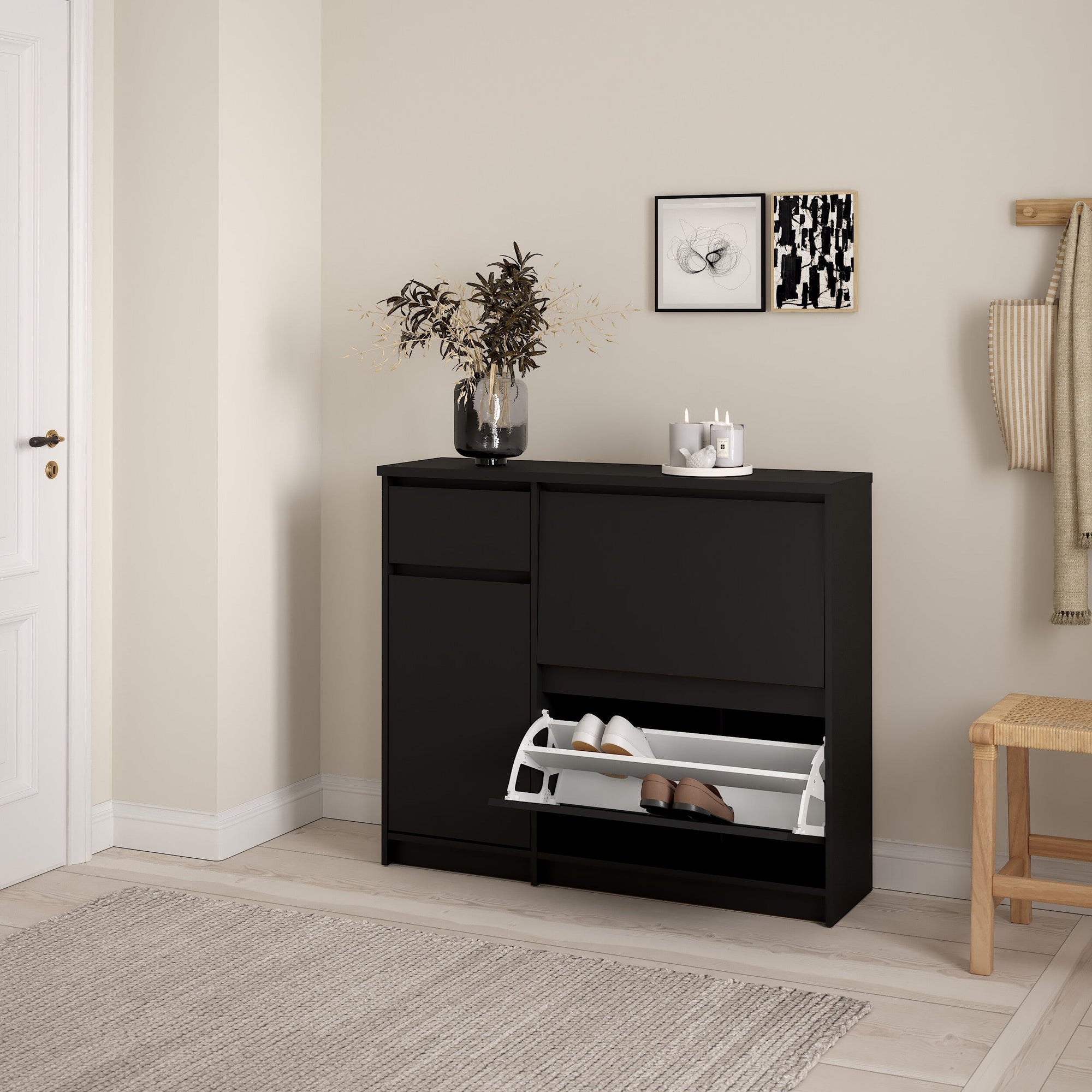 LOKES | ארון נעליים ממלמין, עם מדפים כפולים, מגירה ומדפים סגורים