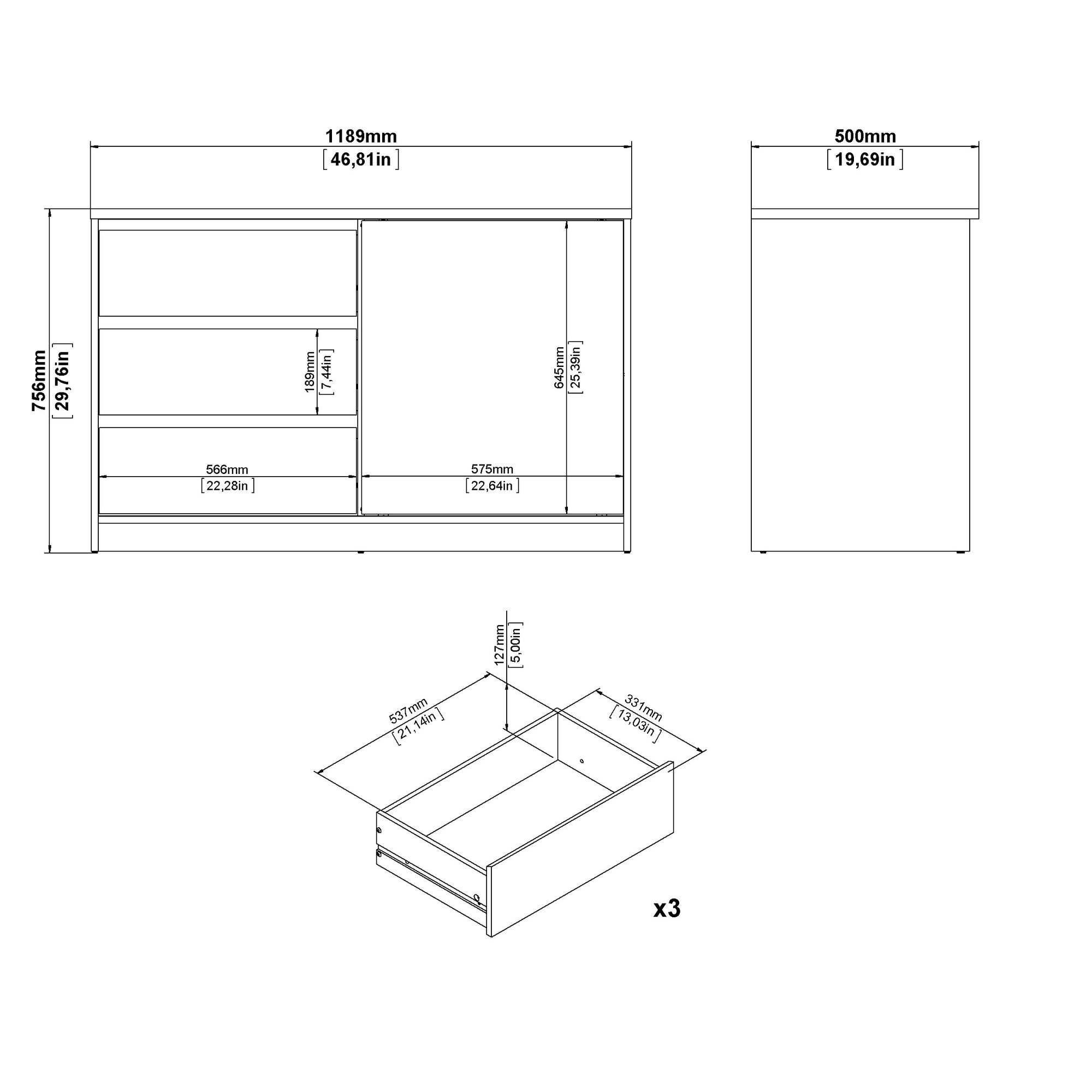 RIKES | שידת אחסון ממלמין, עם 3 מגירות ומדפים סגורים