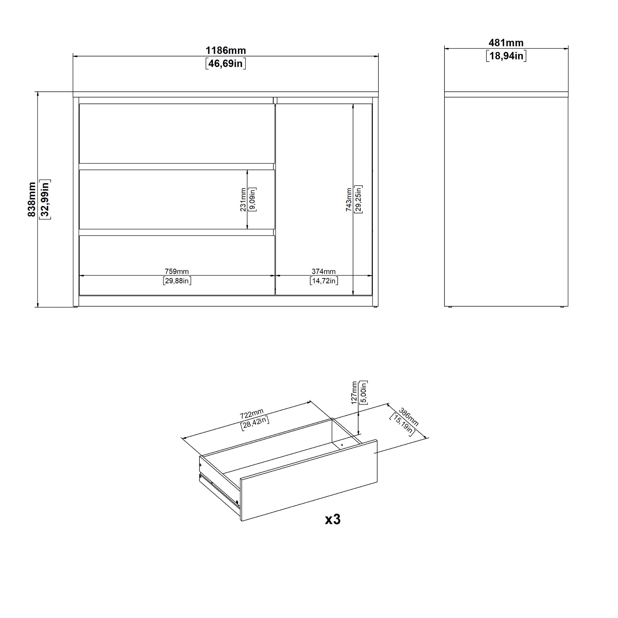 HAVENA | קומודה עם 3 מגירות ודלת - KUALA