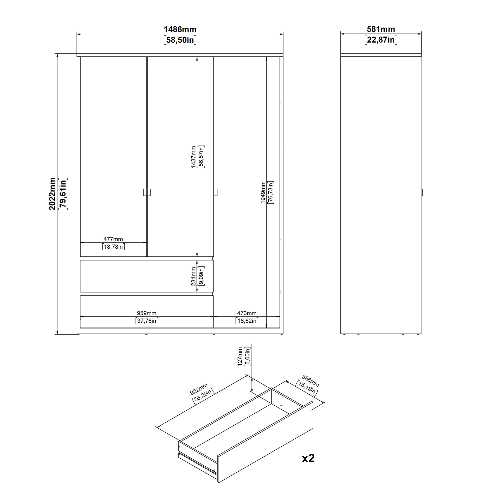 KNUTO | ארון פתיחה 3 דלתות ו-2 מגירות, בחיפוי מלמין