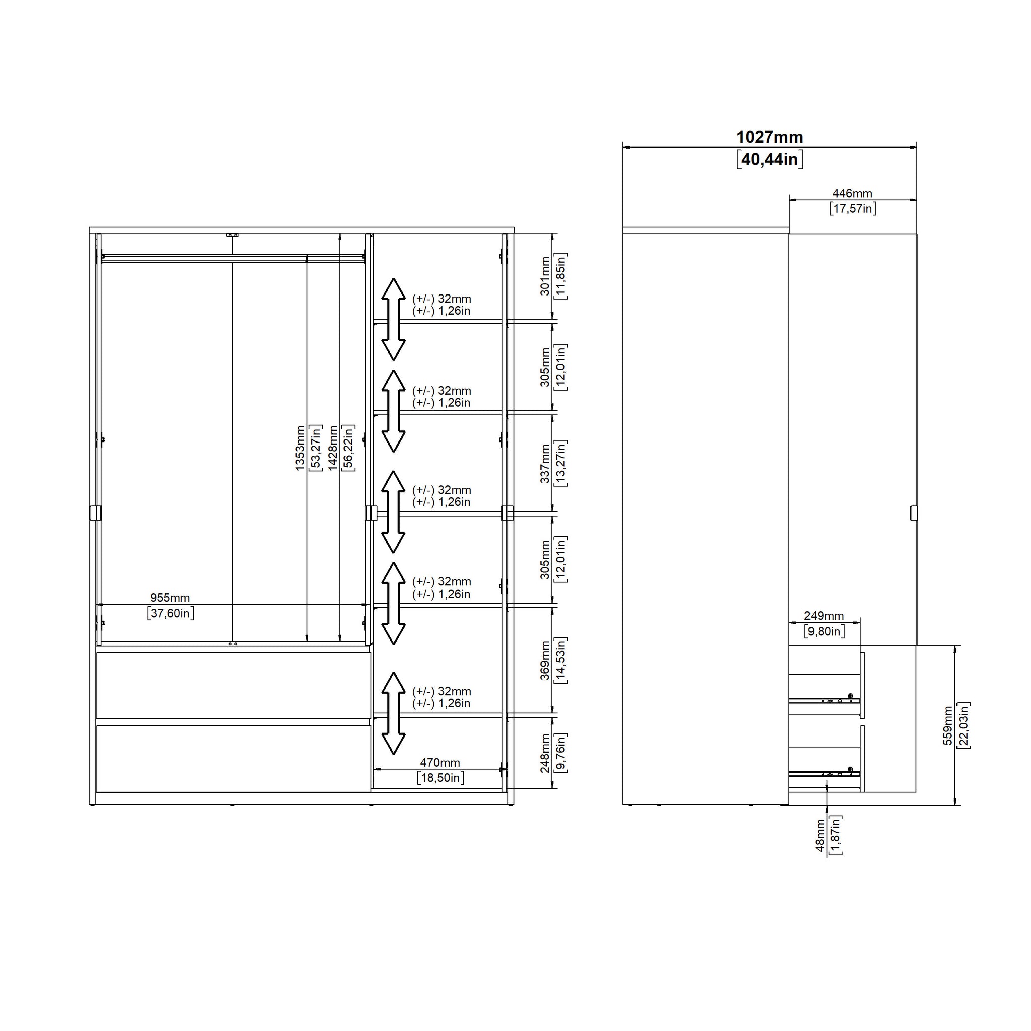 KNUTO | ארון פתיחה 3 דלתות ו-2 מגירות, בחיפוי מלמין