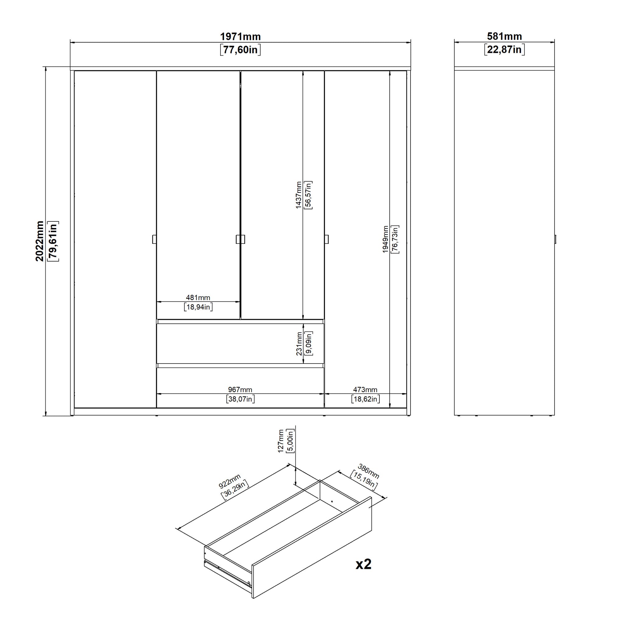 LEIFBAL | ארון פתיחה 4 דלתות ו-2 מגירות, בחיפוי מלמין