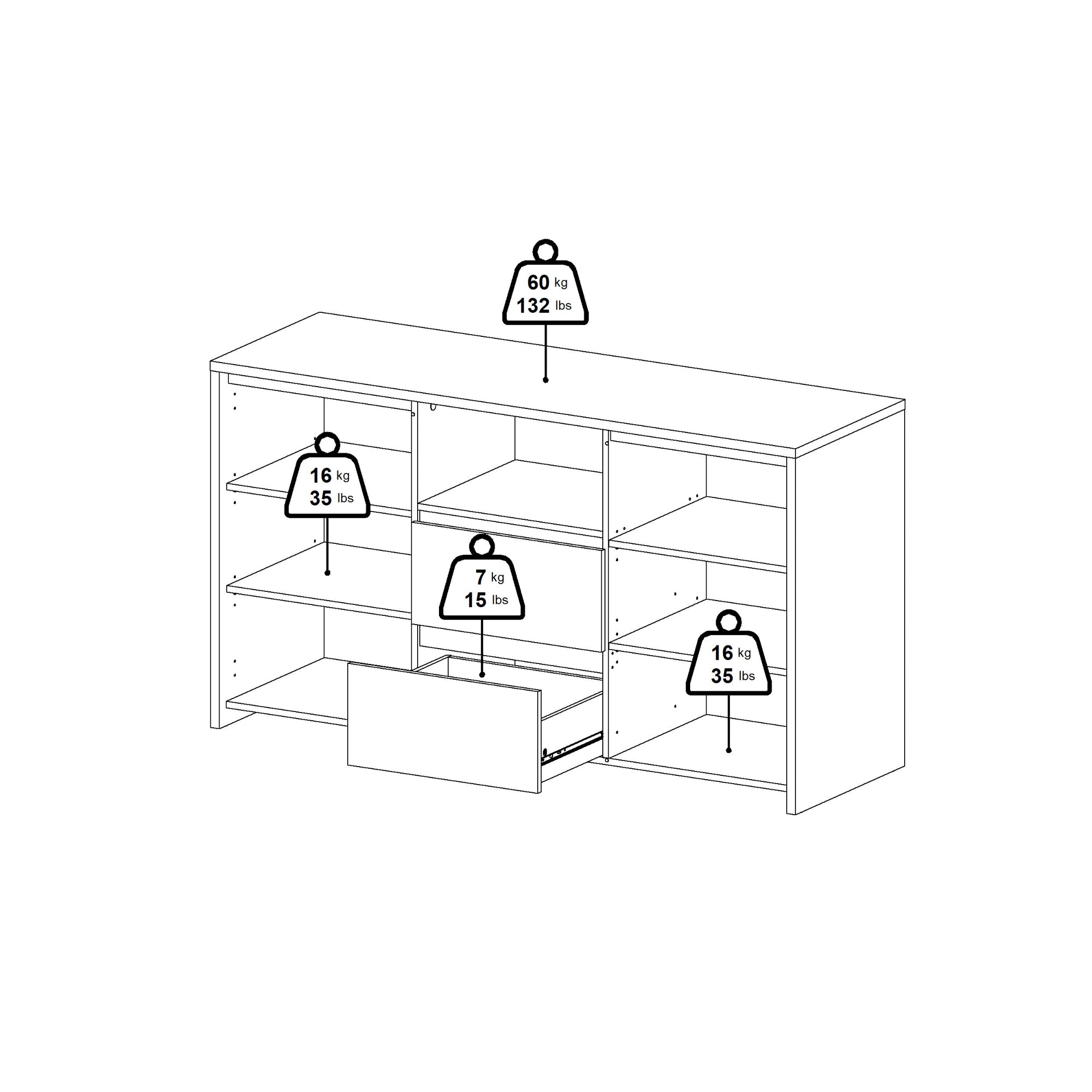 BARKO | שידת אחסון עם 2 מגירות, 2 דלתות ומדף פתוח - KUALA