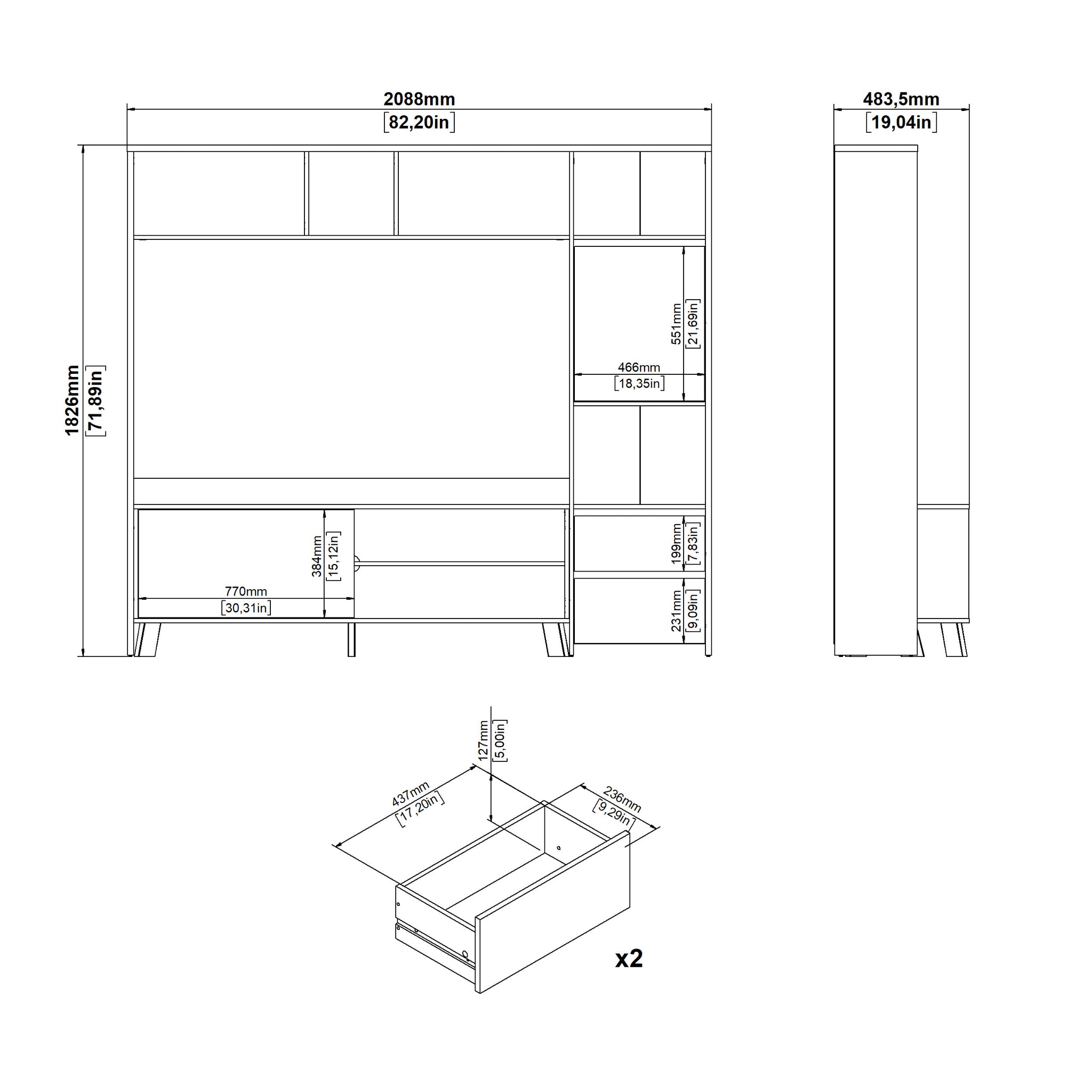 ERA | יחידת קיר לטלוויזיה עם 2 מגירות, 2 דלתות ומדפים פתוחים - KUALA