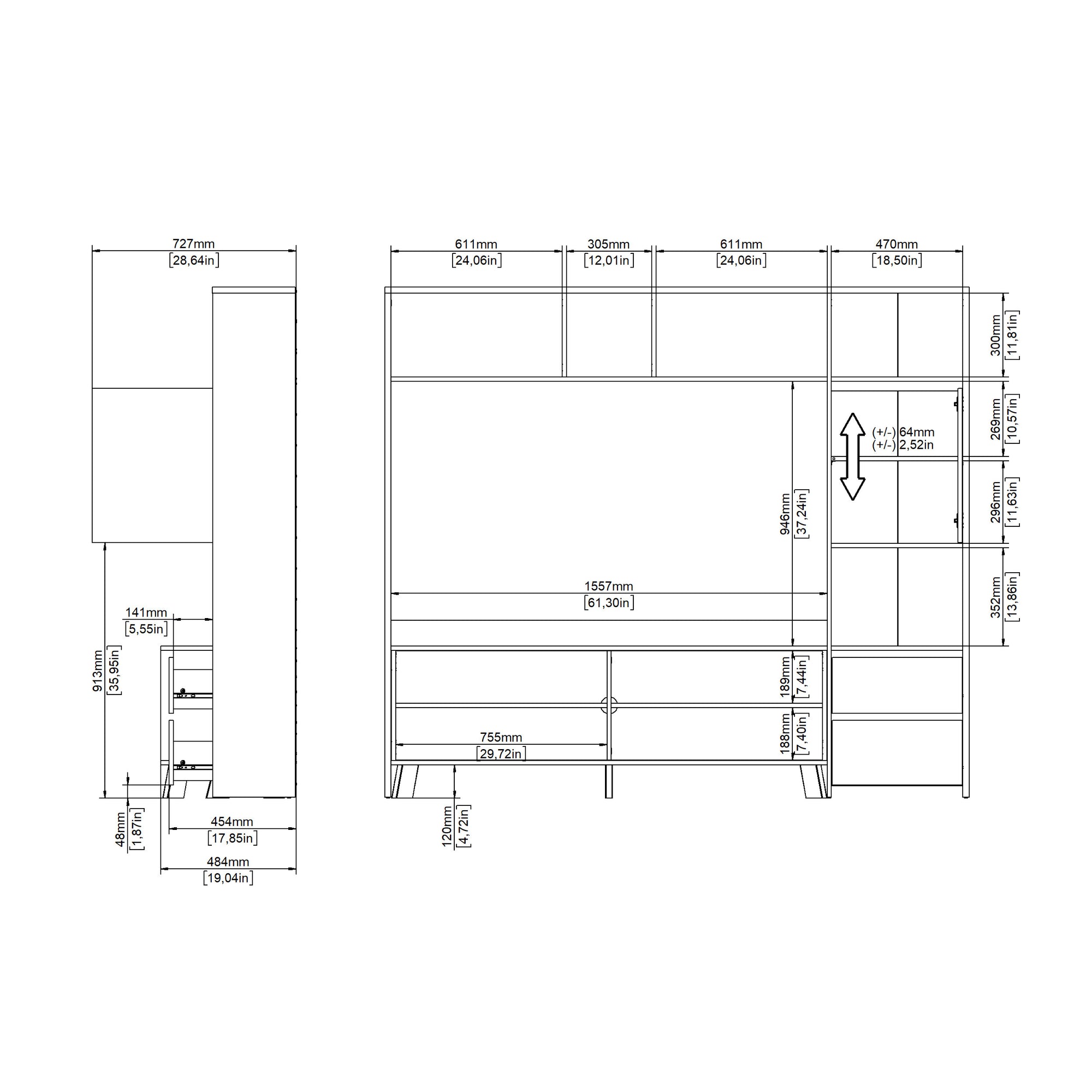 ERA | יחידת קיר לטלוויזיה עם 2 מגירות, 2 דלתות ומדפים פתוחים - KUALA