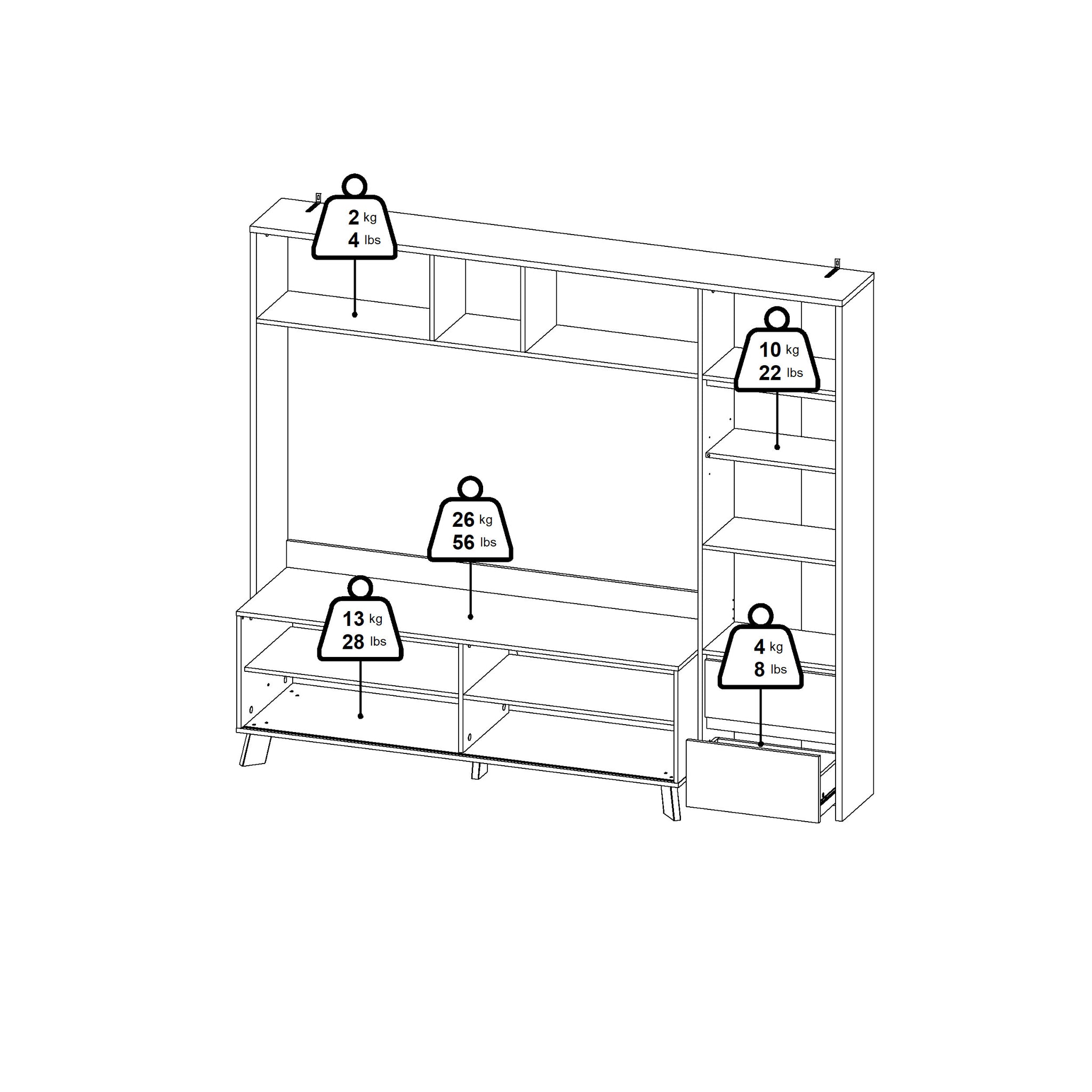 ERA | יחידת קיר לטלוויזיה עם 2 מגירות, 2 דלתות ומדפים פתוחים - KUALA