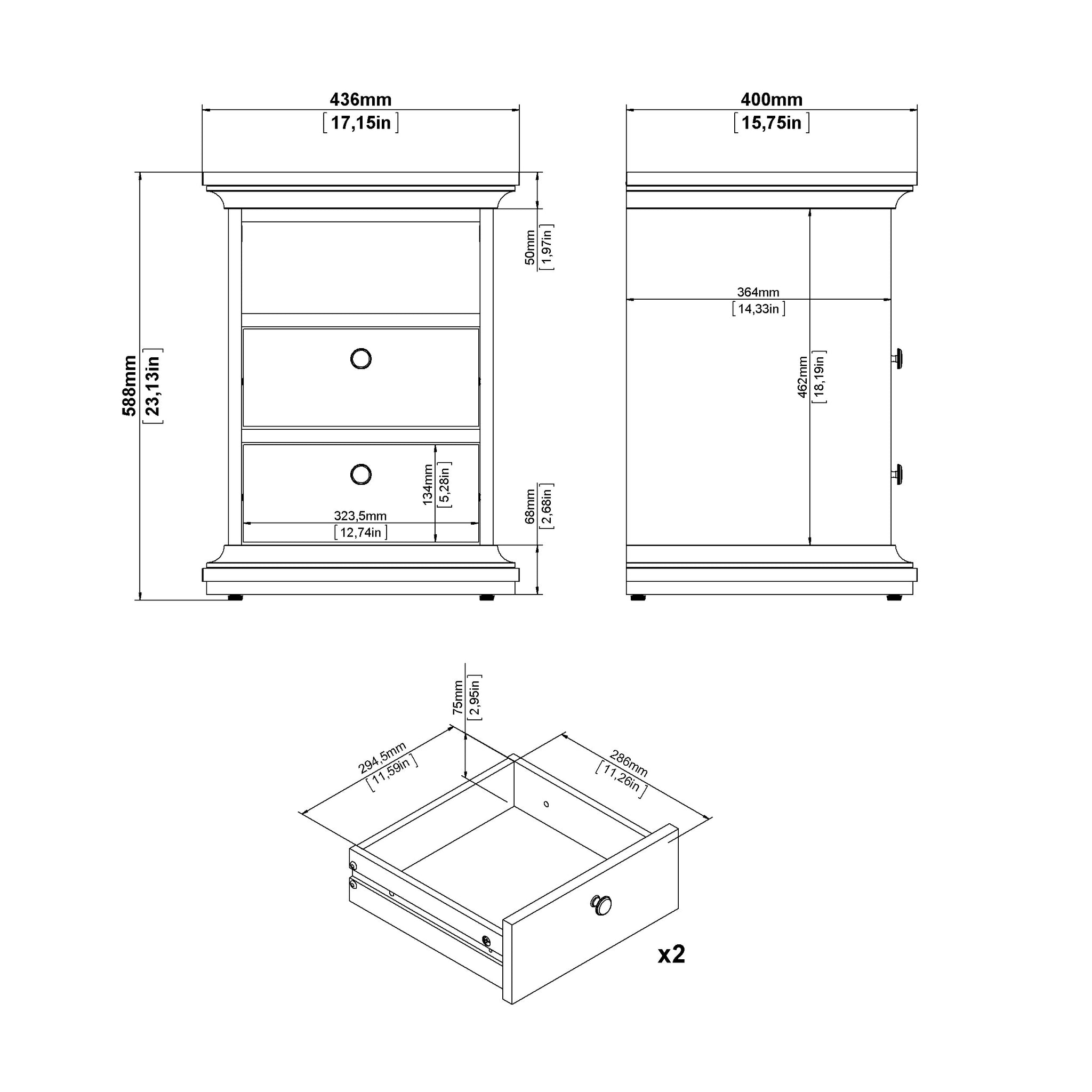 RAGNI | שידת לילה ממלמין 44/40 ס"מ, עם 2 מגירות ומדף פתוח - KUALA
