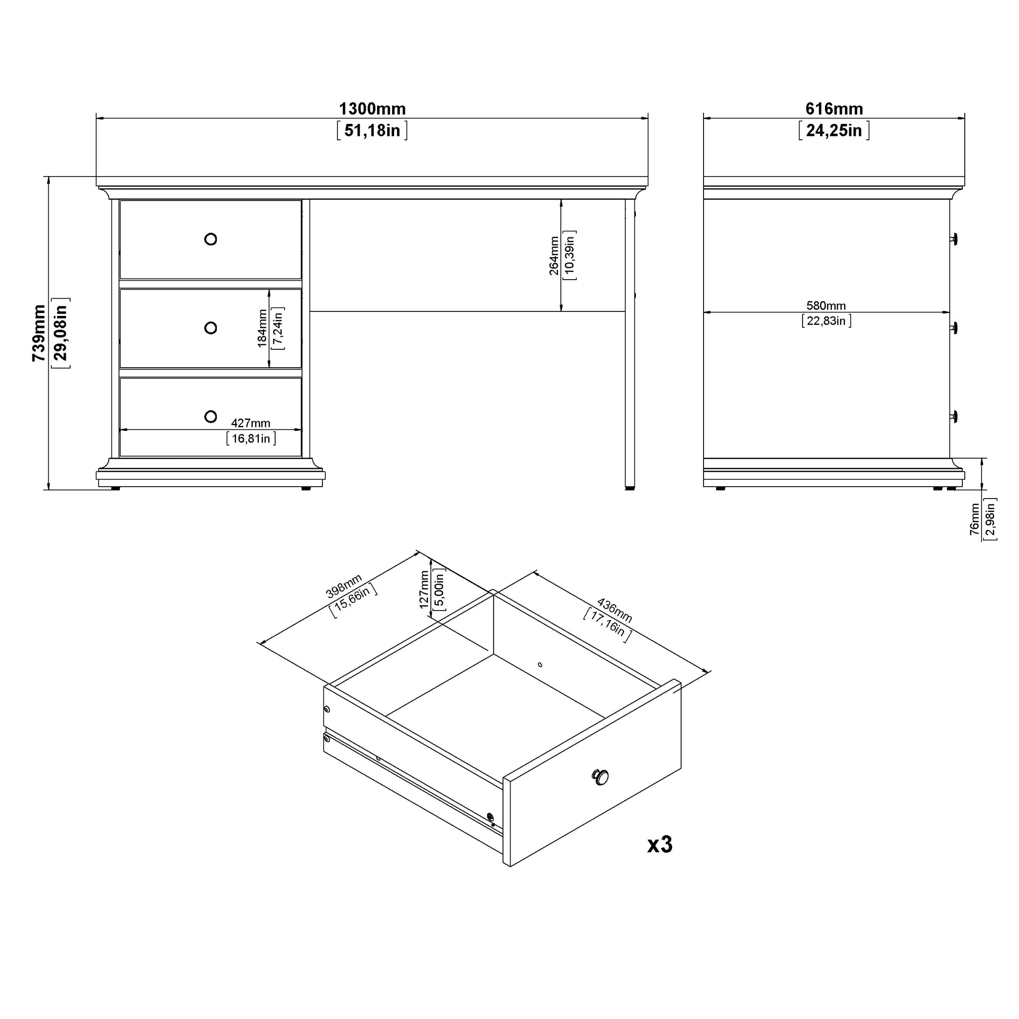 JASPER | שולחן עבודה עם 3 מגירות, 130/61 ס"מ - KUALA
