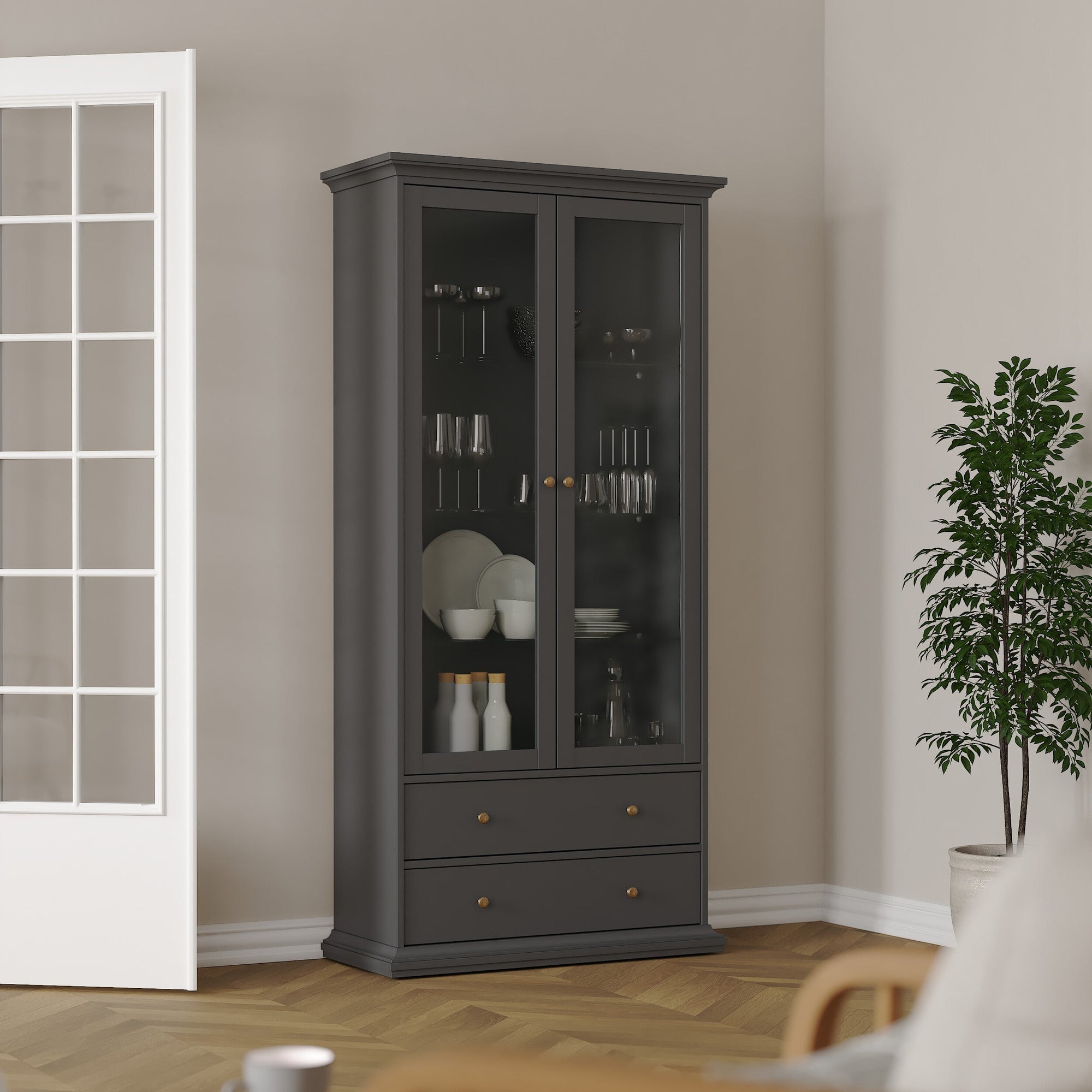 GUSTA | ספריה בשילוב זכוכית עם 2 דלתות ו- 2 מגירות - KUALA