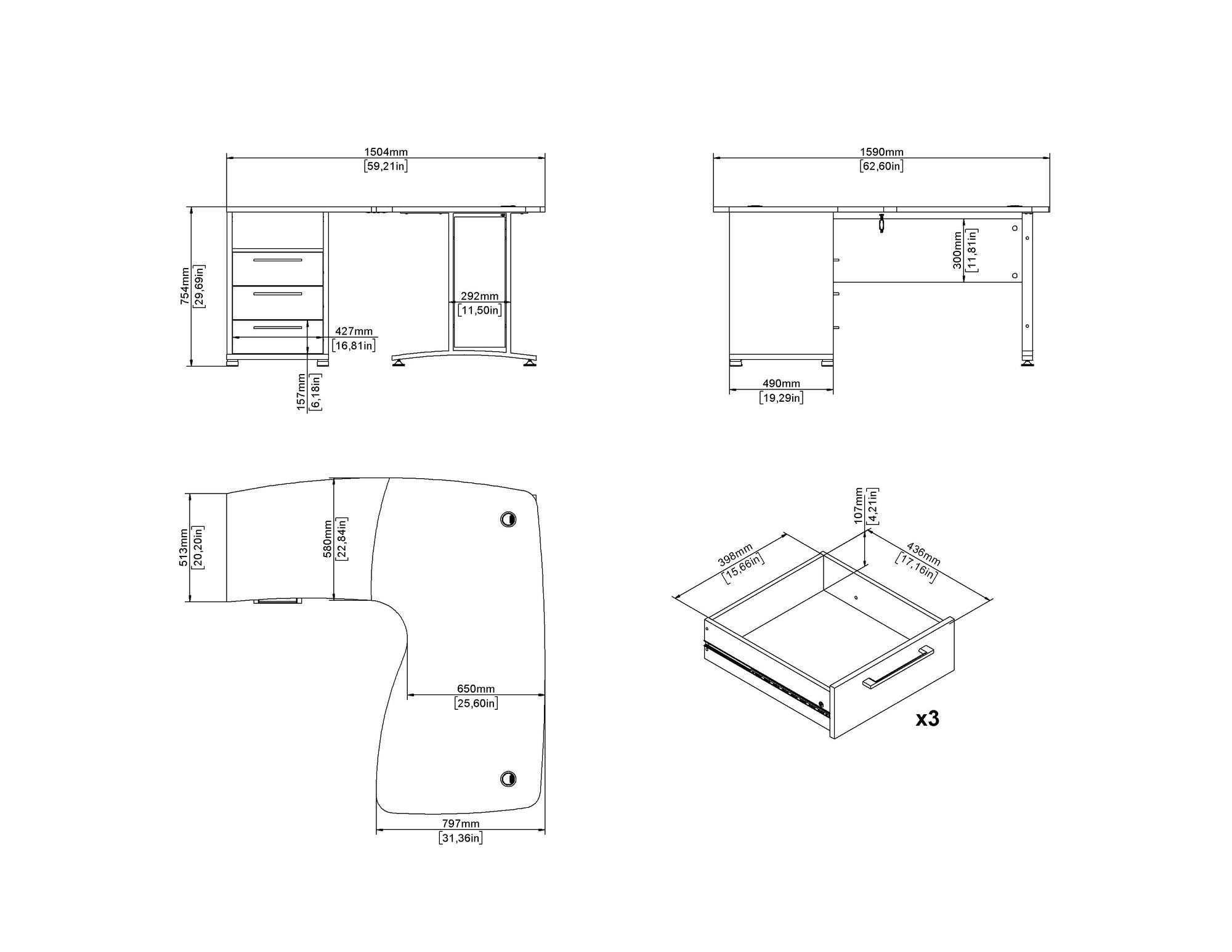 FORM | שולחן עבודה פינתי עם 3 מגירות ומדף פתוח, 150/160 ס"מ - KUALA