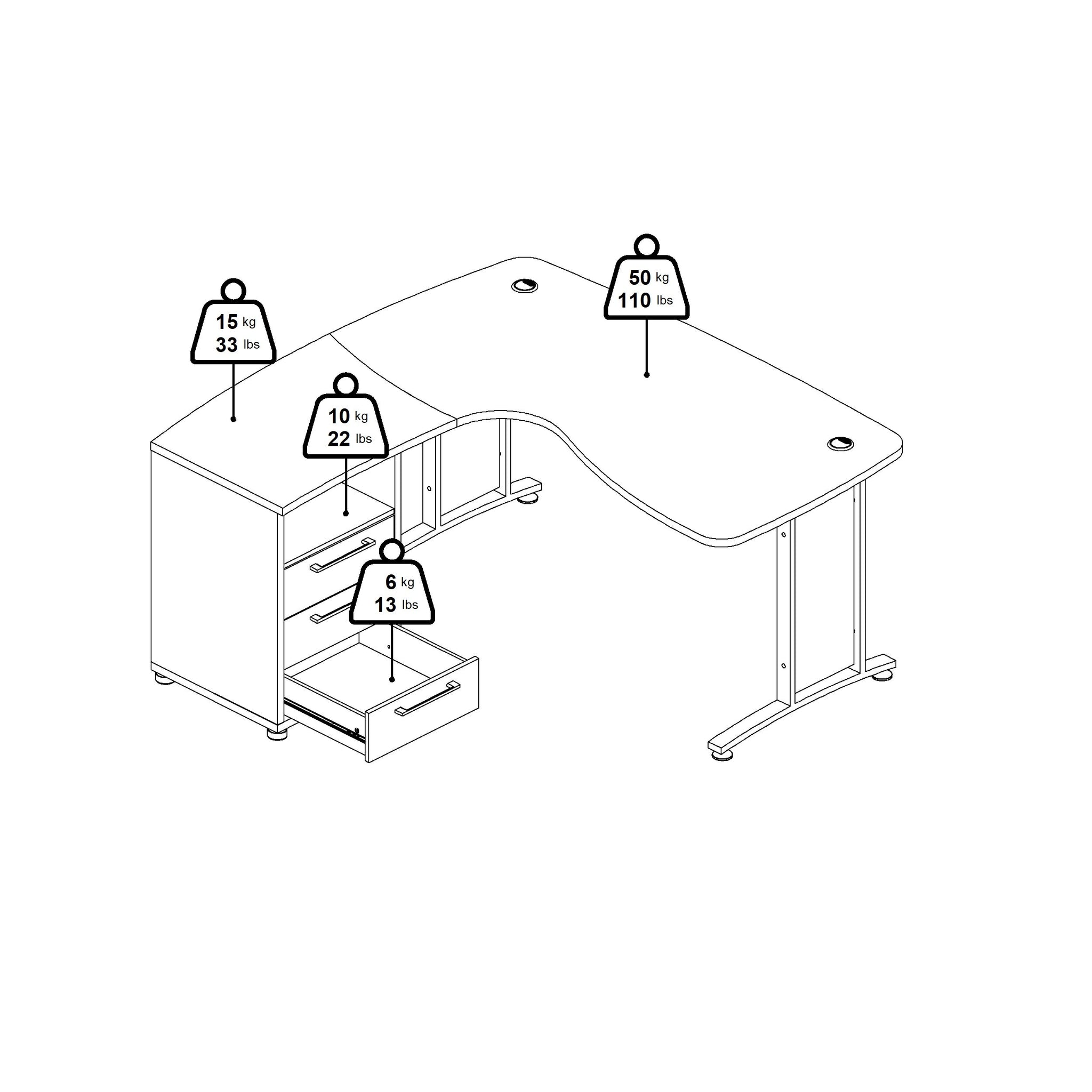 FORM | שולחן עבודה פינתי עם 3 מגירות ומדף פתוח, 150/160 ס"מ - KUALA