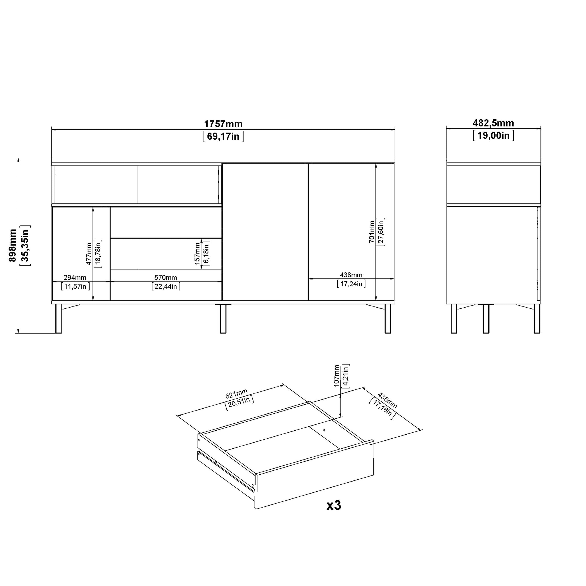 TUVA | מזנון נורדי ממלמין, עם מגירות ומדפים פתוחים וסגורים