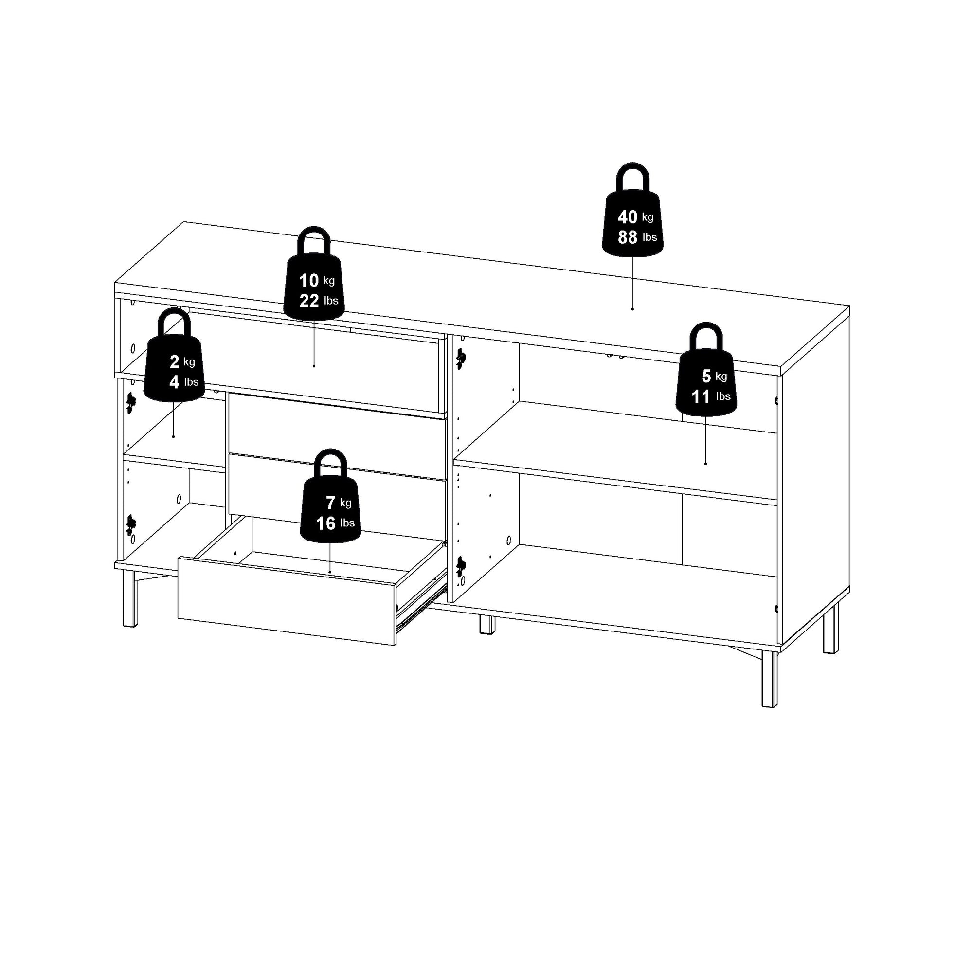 TUVA | מזנון נורדי ממלמין, עם מגירות ומדפים פתוחים וסגורים