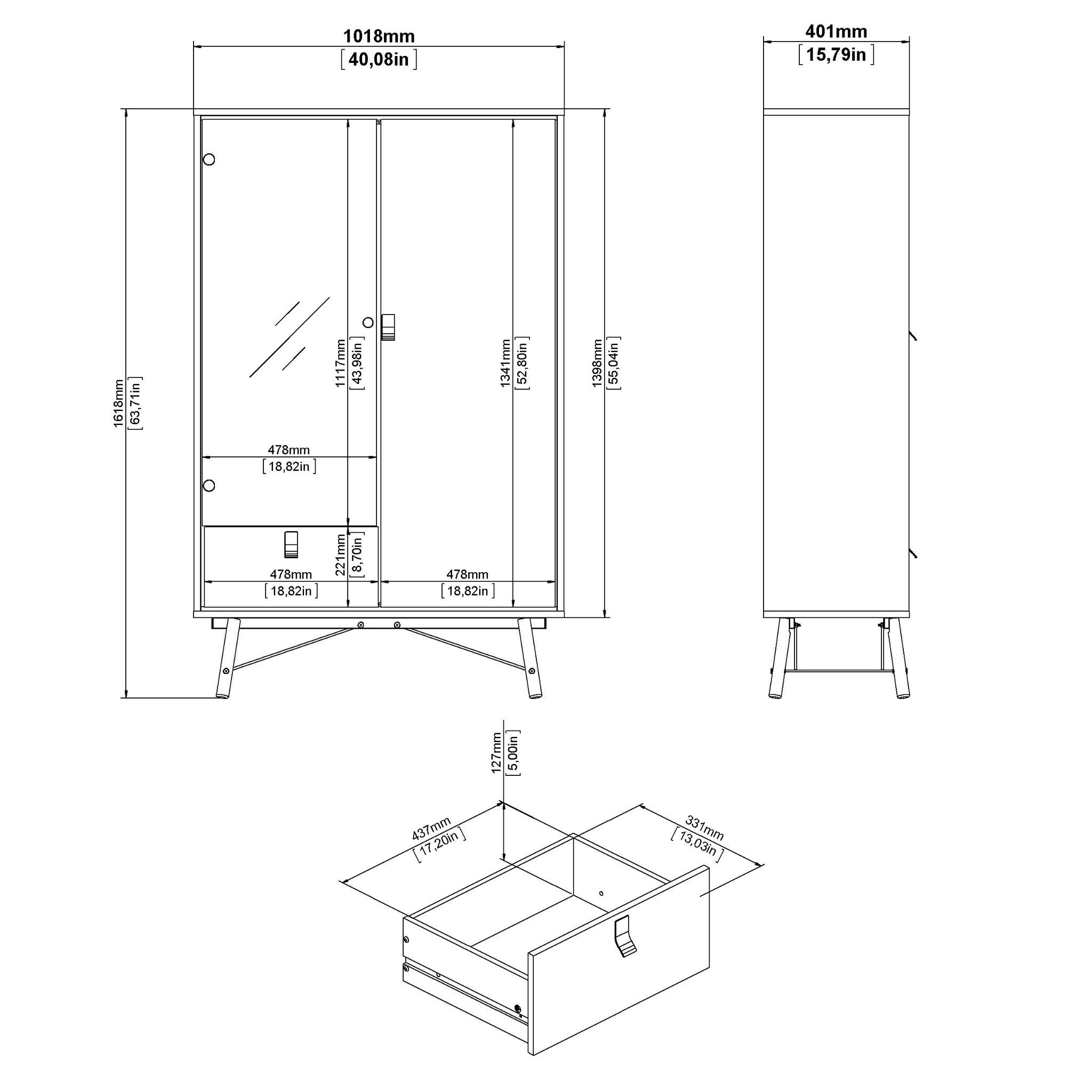 EYDIRRO | שידת אחסון ממלמין וזכוכית, עם מגירה ומדפים סגורים