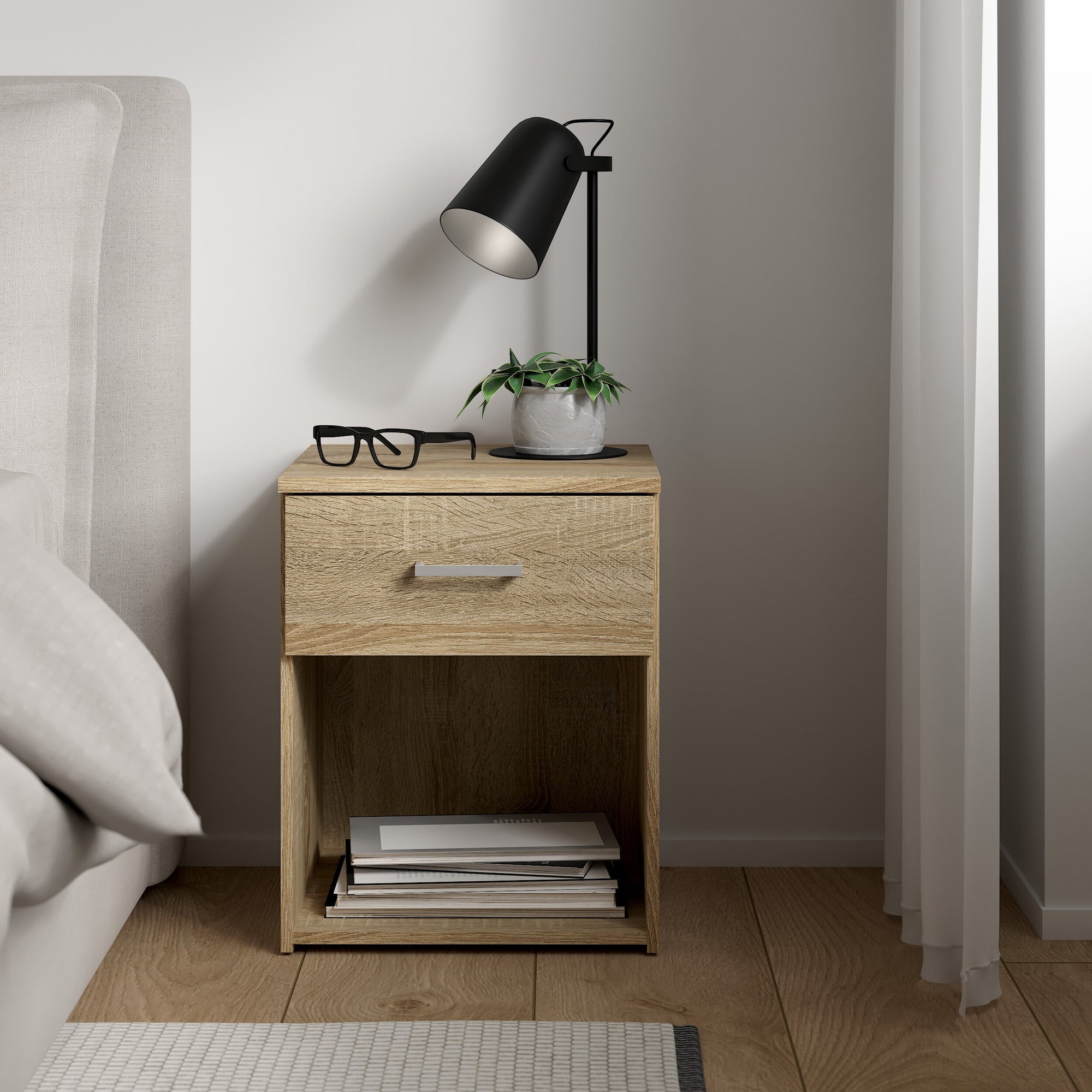 REIN | שידת לילה ממלמין 38/36 ס"מ, עם מגירה ומדף פתוח