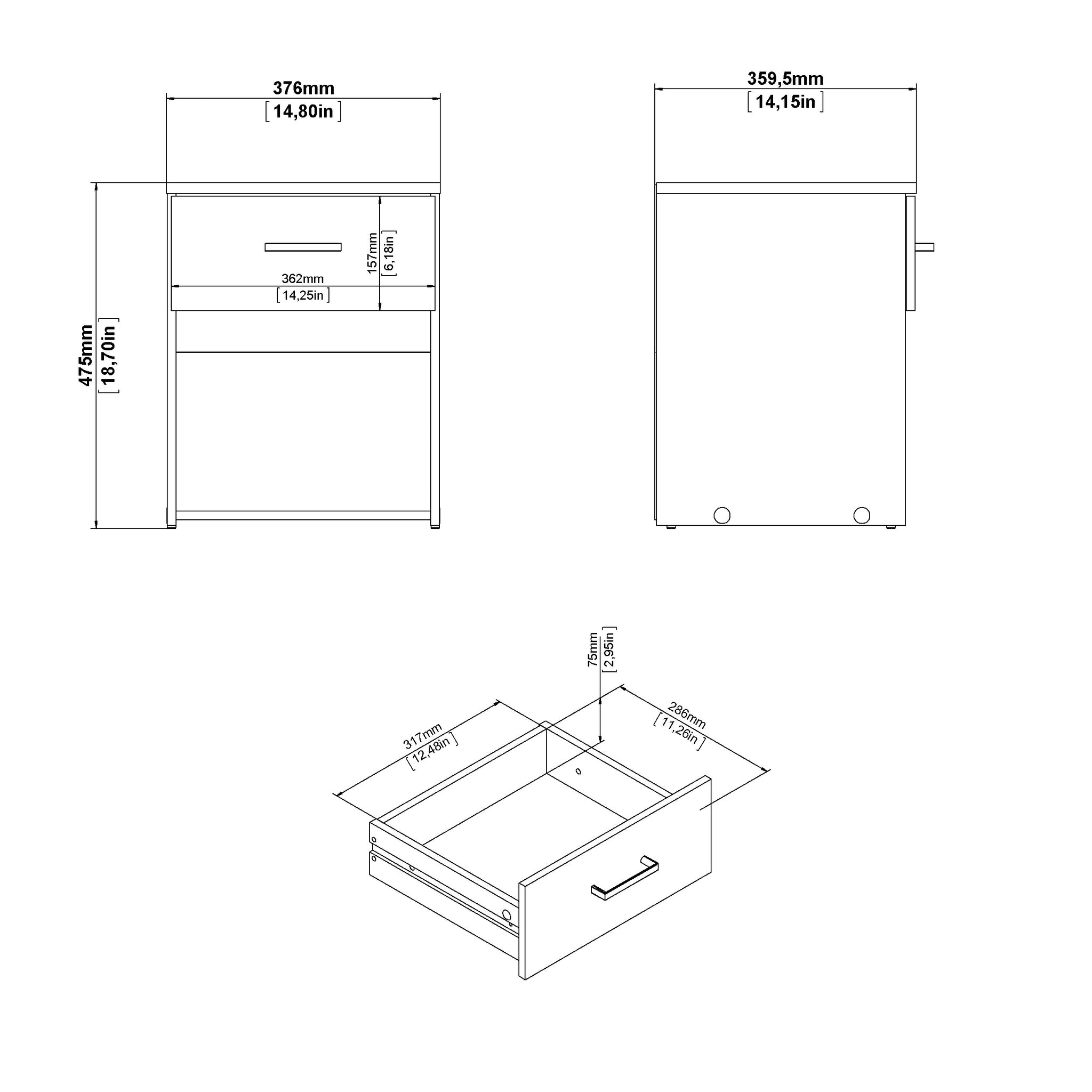 REIN | שידת לילה ממלמין 38/36 ס"מ, עם מגירה ומדף פתוח