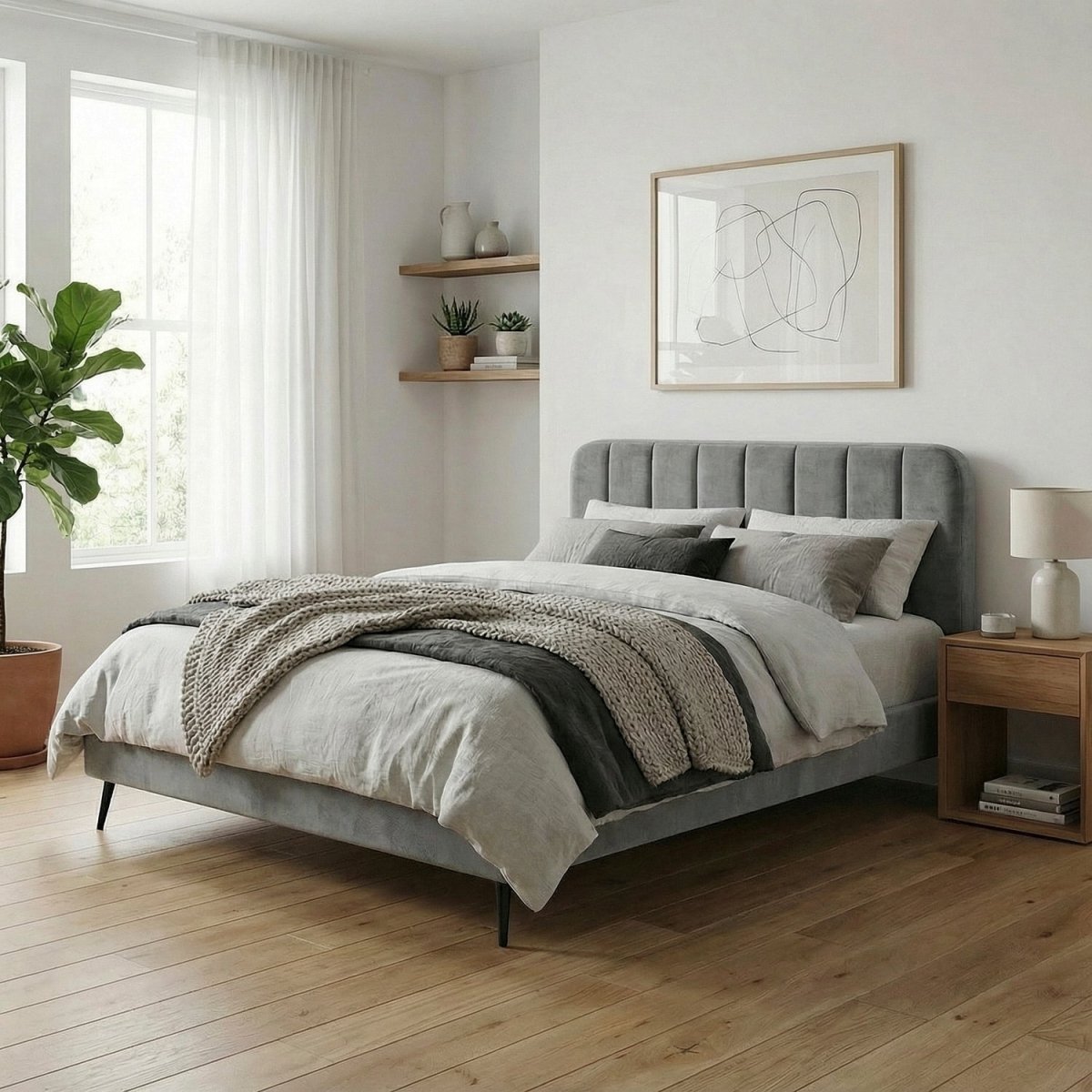 BRUNI | מיטה מרופדת בבד קטיפה בגוון אפור - KUALA