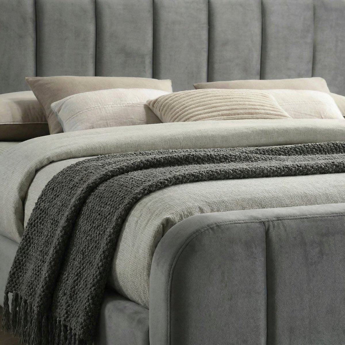 BRUNI | מיטה מרופדת בבד קטיפה בגוון אפור - KUALA