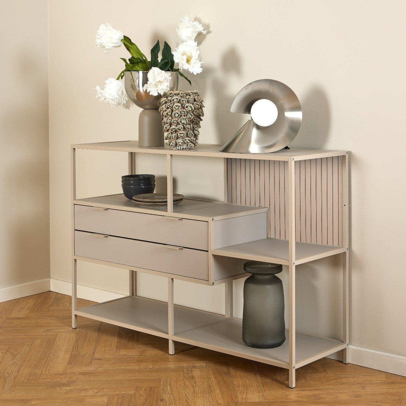 FRION | שידת מדפים ממתכת, עם 3 מדפים פתוחים ו-2 מגירות - KUALA