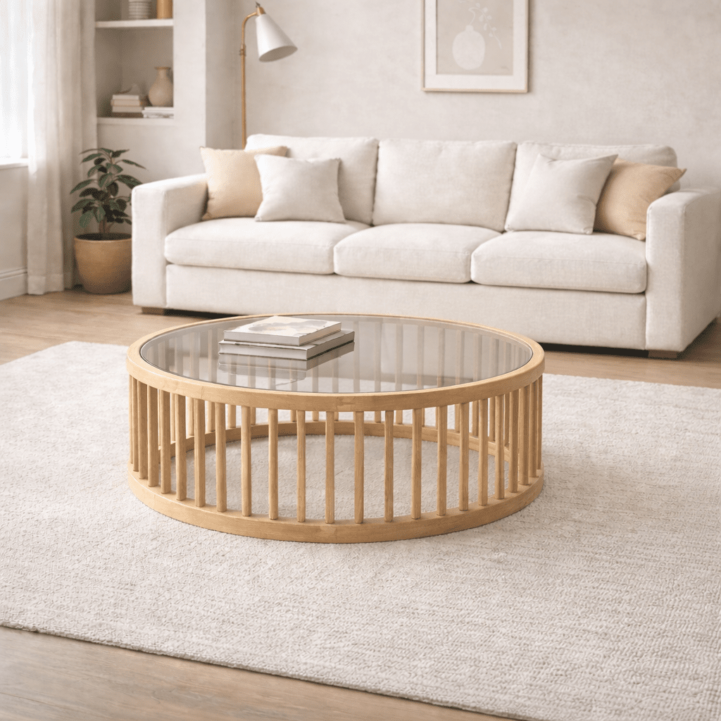 DAGT | שולחן סלון עגול מעץ וזכוכית, קוטר 100 ס"מ - KUALA