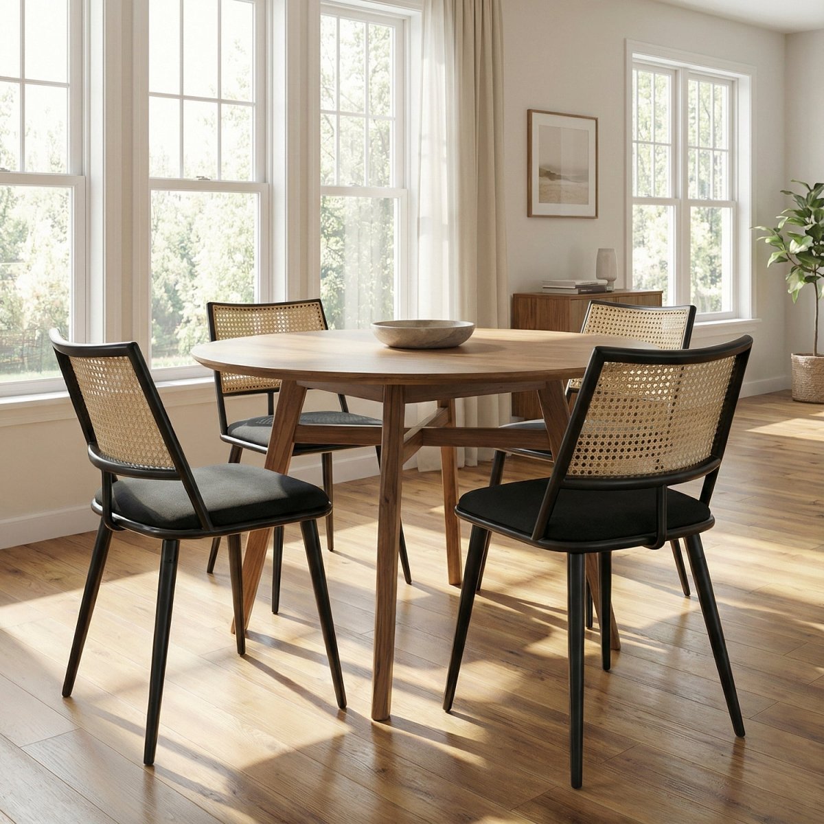 ELOF | כיסא אוכל ממתכת בשילוב ריפוד אריג ודמוי ראטן - KUALA