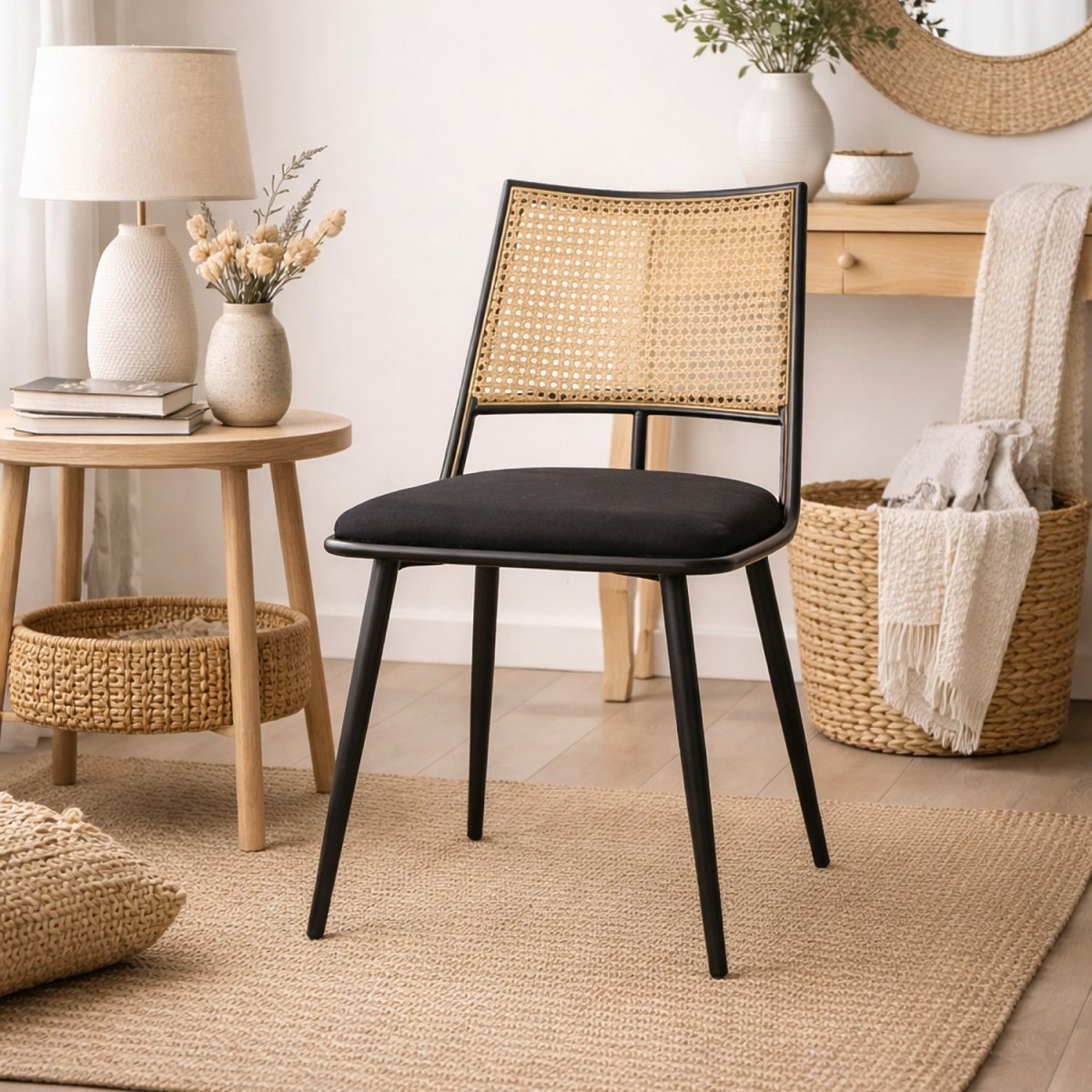 ELOF | כיסא אוכל ממתכת בשילוב ריפוד אריג ודמוי ראטן - KUALA