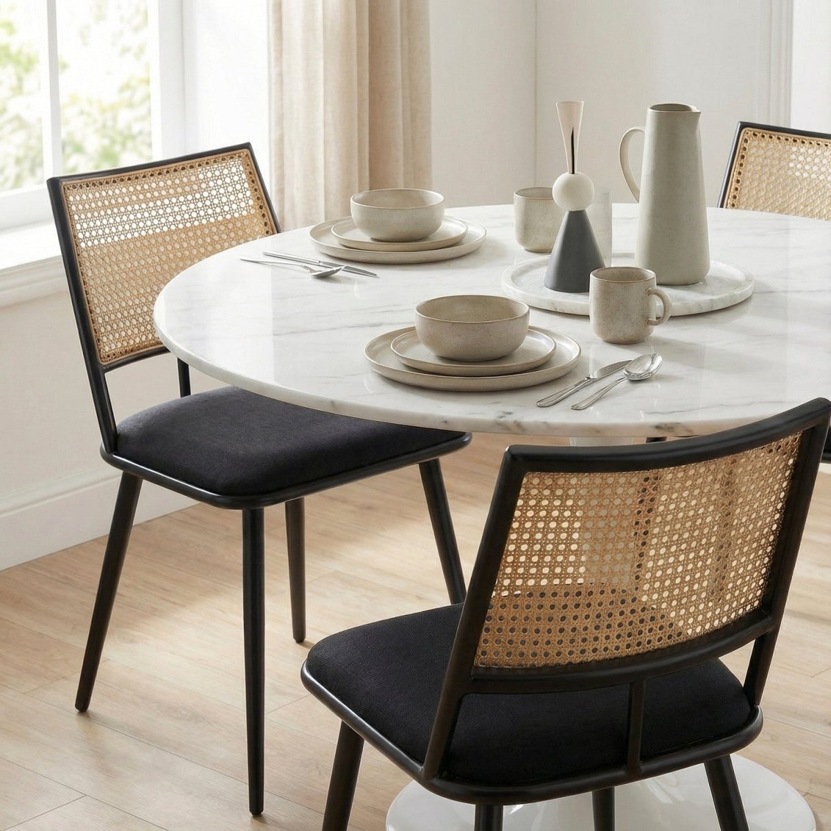 ELOF | כיסא אוכל ממתכת בשילוב ריפוד אריג ודמוי ראטן - KUALA