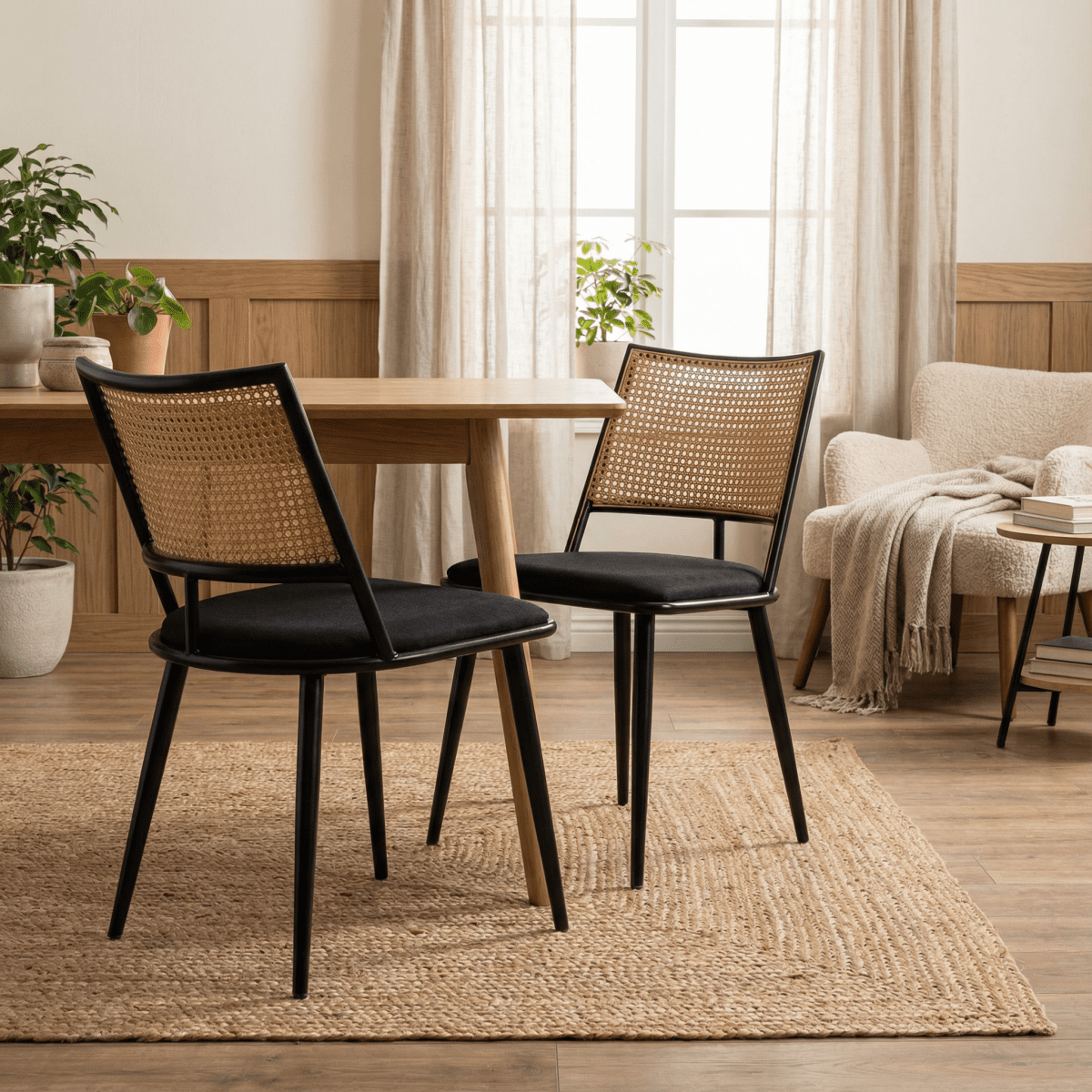 ELOF | כיסא אוכל ממתכת בשילוב ריפוד אריג ודמוי ראטן - KUALA