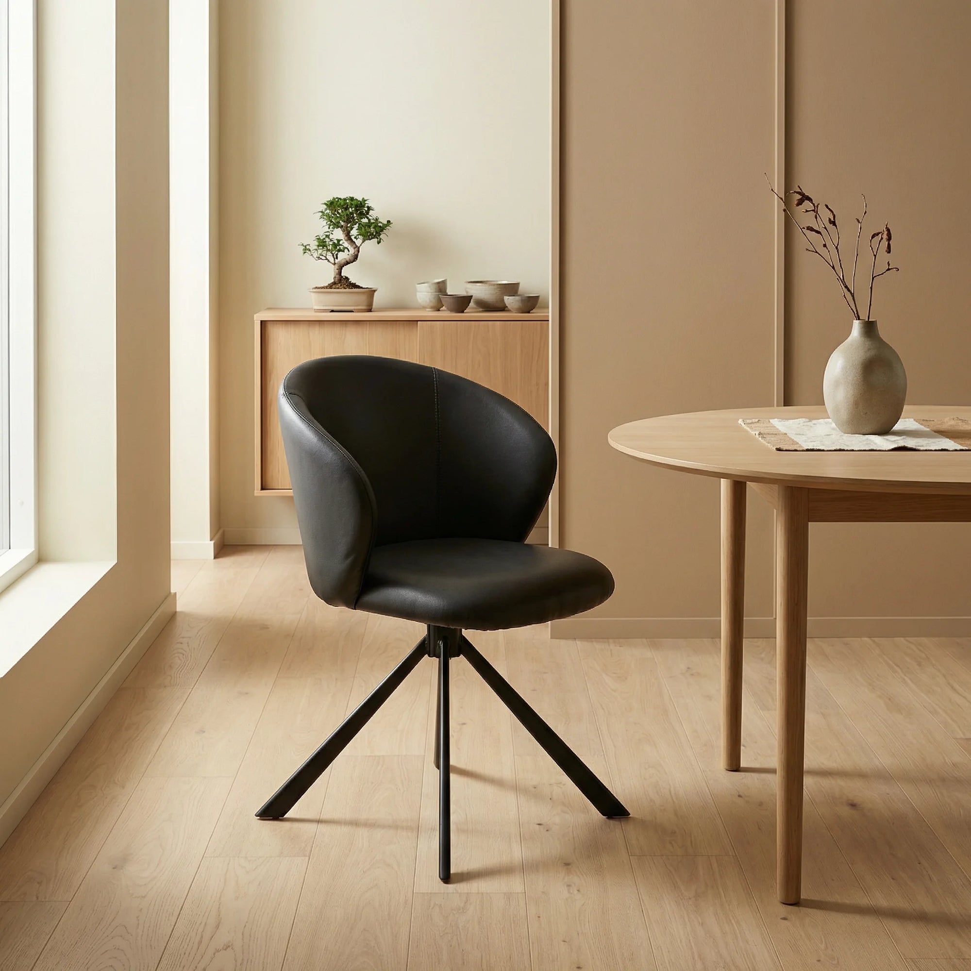 NORDS | כיסא אוכל מרופד דמוי עור עם רגליי מתכת, Japandi, Soft North Light, Dining Room, minimal props.