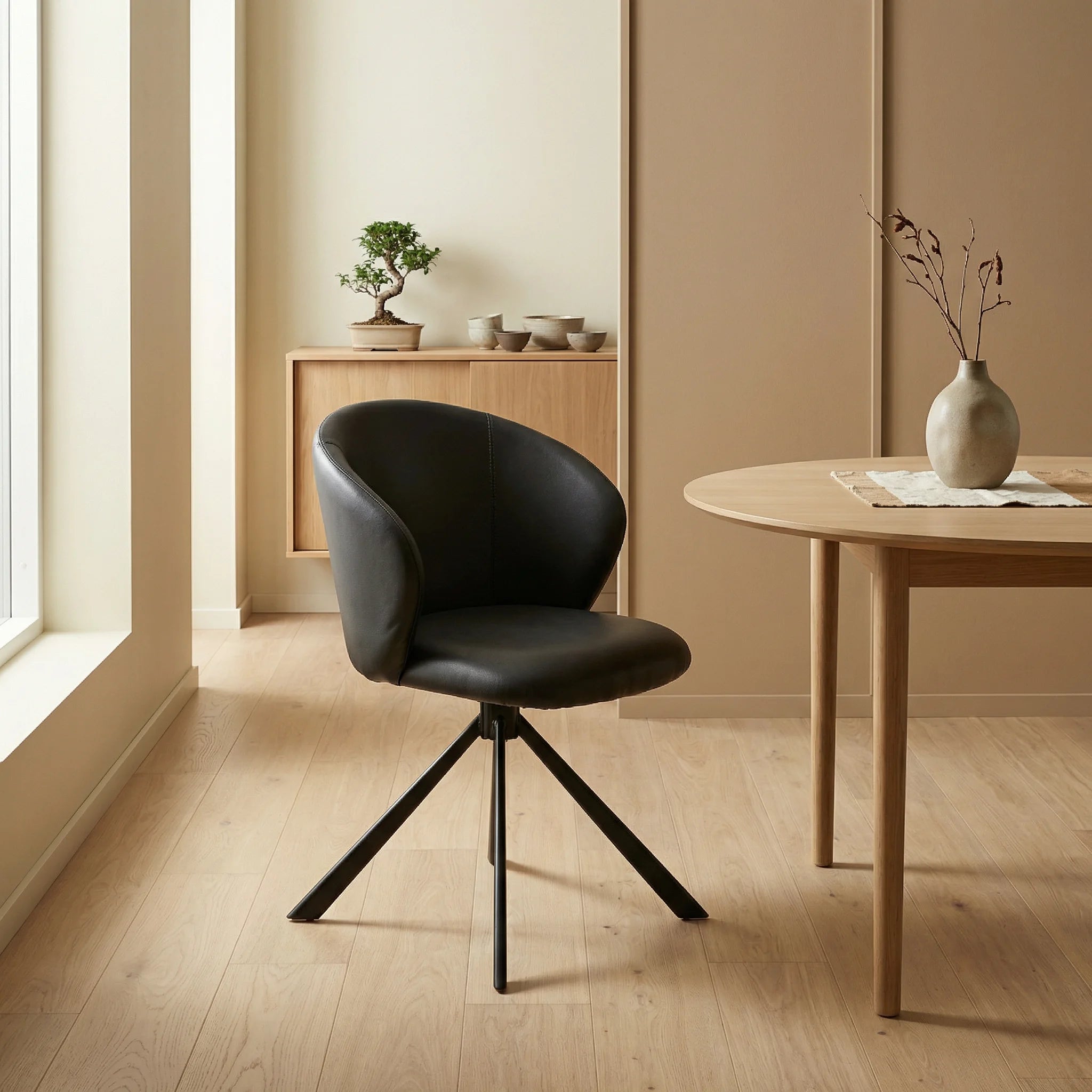 NORDS | כיסא אוכל מרופד דמוי עור עם רגליי מתכת, Japandi, Soft North Light, Dining Room, minimal props.