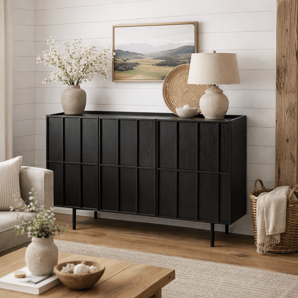 HALVO | קומודה מעץ ומתכת, עם מגירות ומדפים סגורים - KUALA