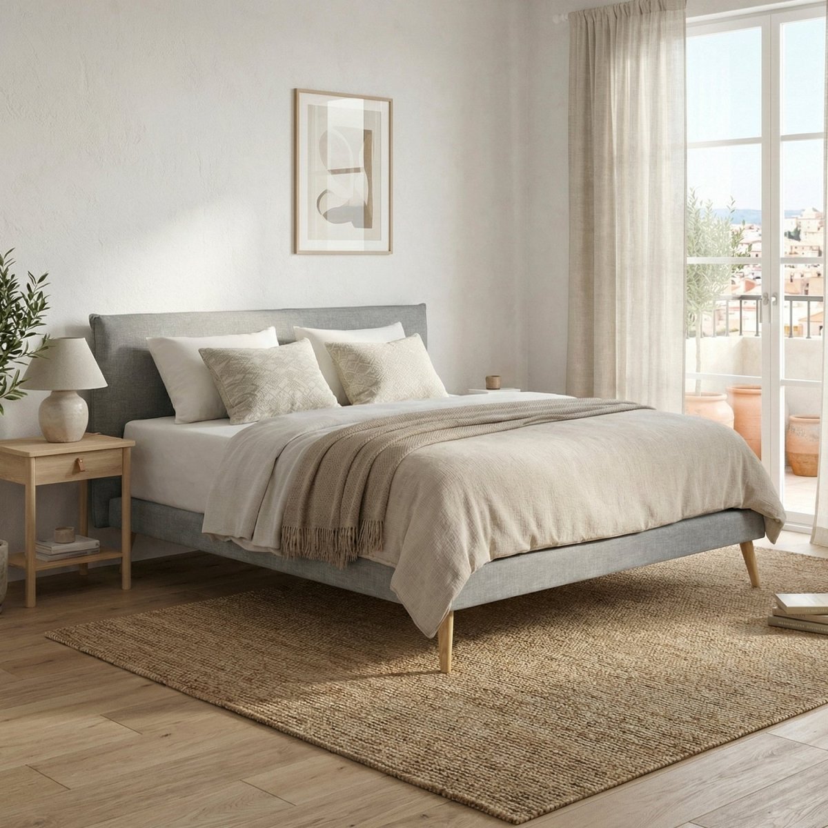 PALO | מיטה זוגית מרופדת בבד אריג עם רגלי עץ - KUALA