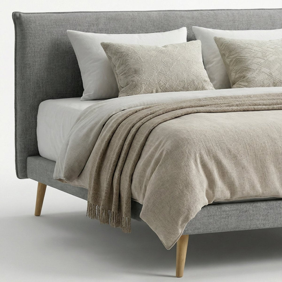 PALO | מיטה זוגית מרופדת בבד אריג עם רגלי עץ - KUALA