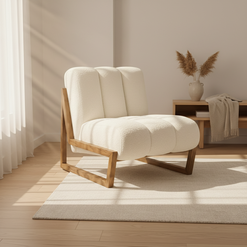 KUKU | כורסא מרופדת בבד בוקלה ובשילוב עץ אלון מלא