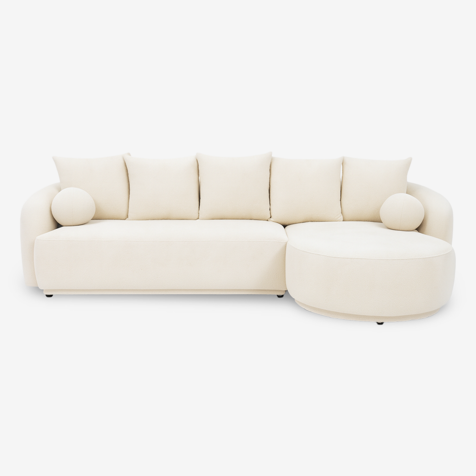 SHIFI | ספה עם שזלונג מעוגלת לסלון מרופדת בבד בוקלה