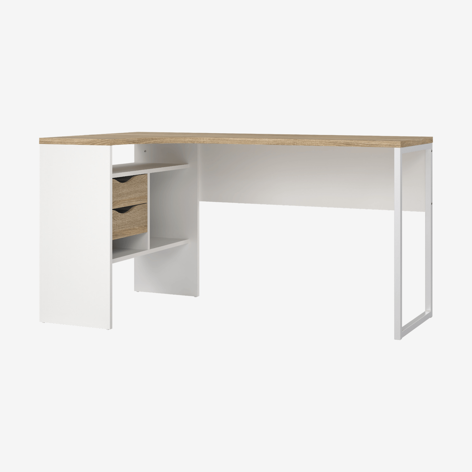 RIMINE | שולחן עבודה פינתי מעץ ומתכת עם מגירות ומדפים פתוחים, 145 ס"מ