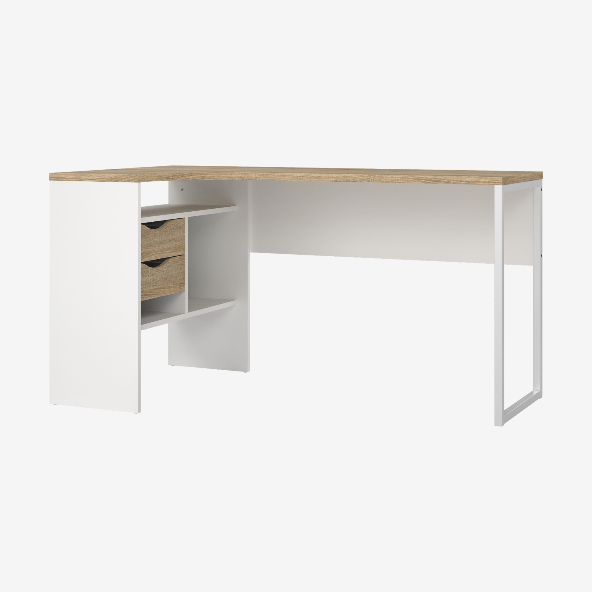 RIMINE | שולחן עבודה פינתי מעץ ומתכת עם מגירות ומדפים פתוחים, 145 ס"מ