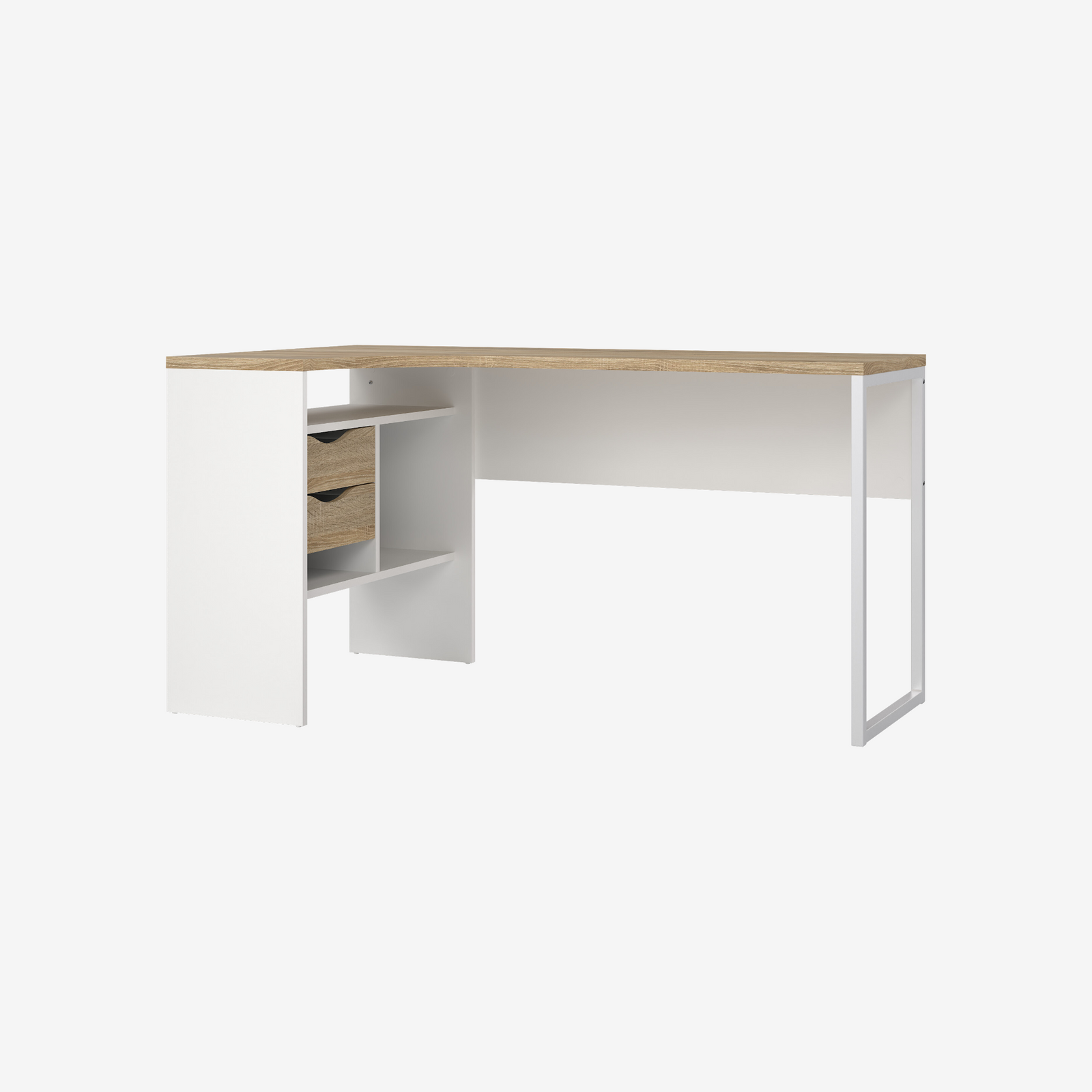 RIMINE | שולחן עבודה פינתי מעץ ומתכת עם מגירות ומדפים פתוחים, 145 ס"מ