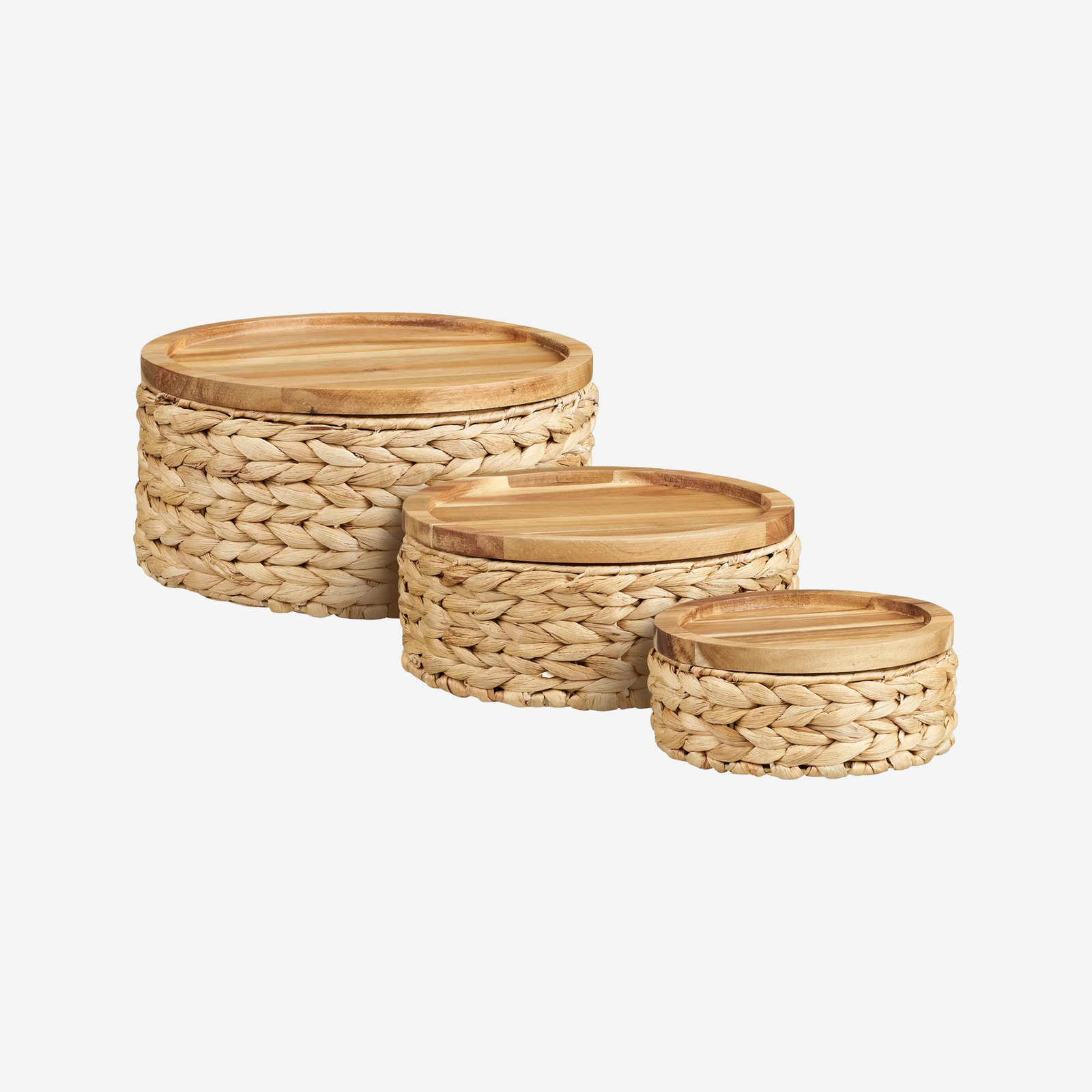 VEL | סט שלוש סלסלות קלועות עם מכסי עץ - KUALA