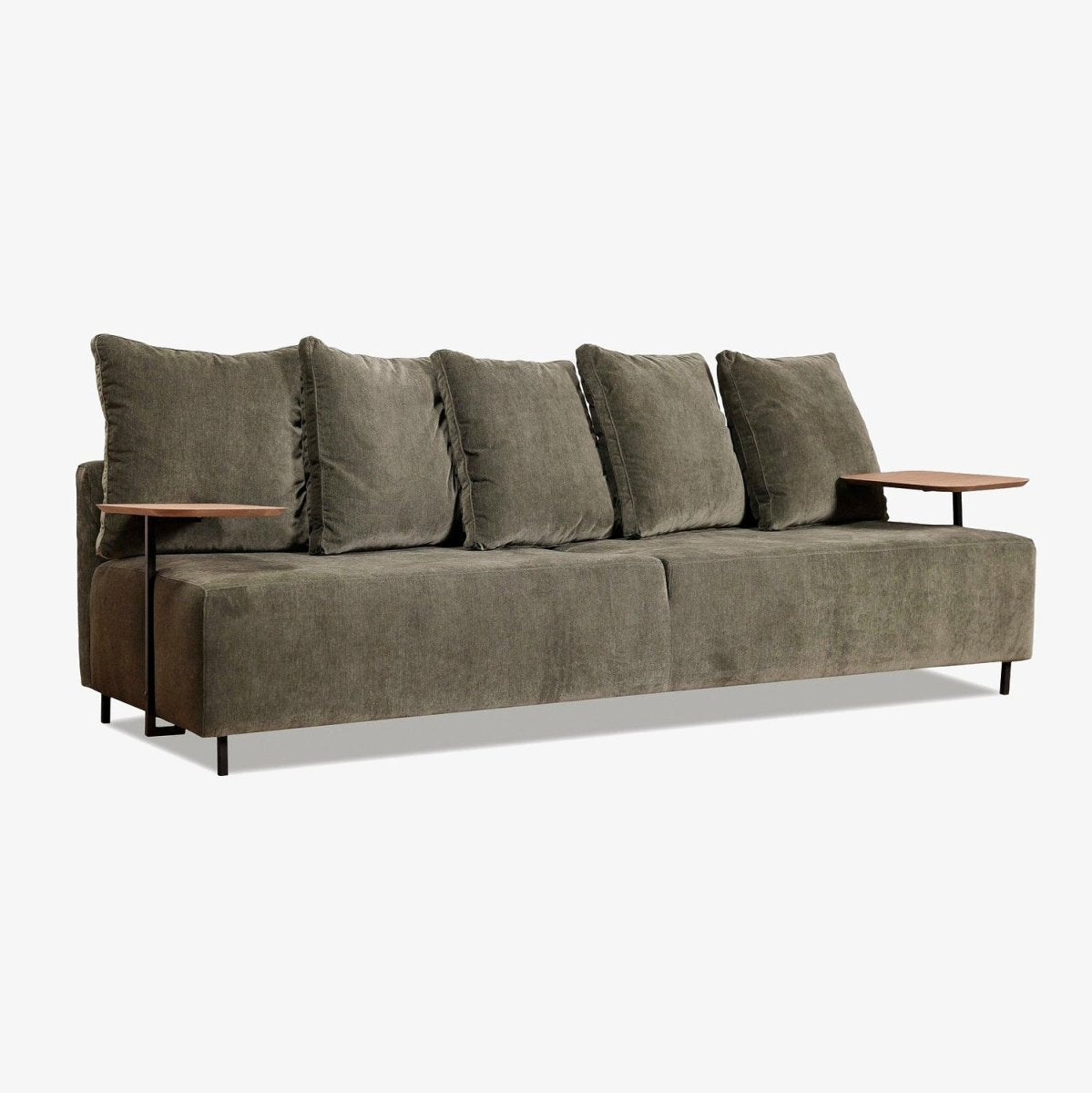 ULFIL | ספה תלת מושבית מודרנית מרופדת בבד אריג עם מגשי עץ - KUALA