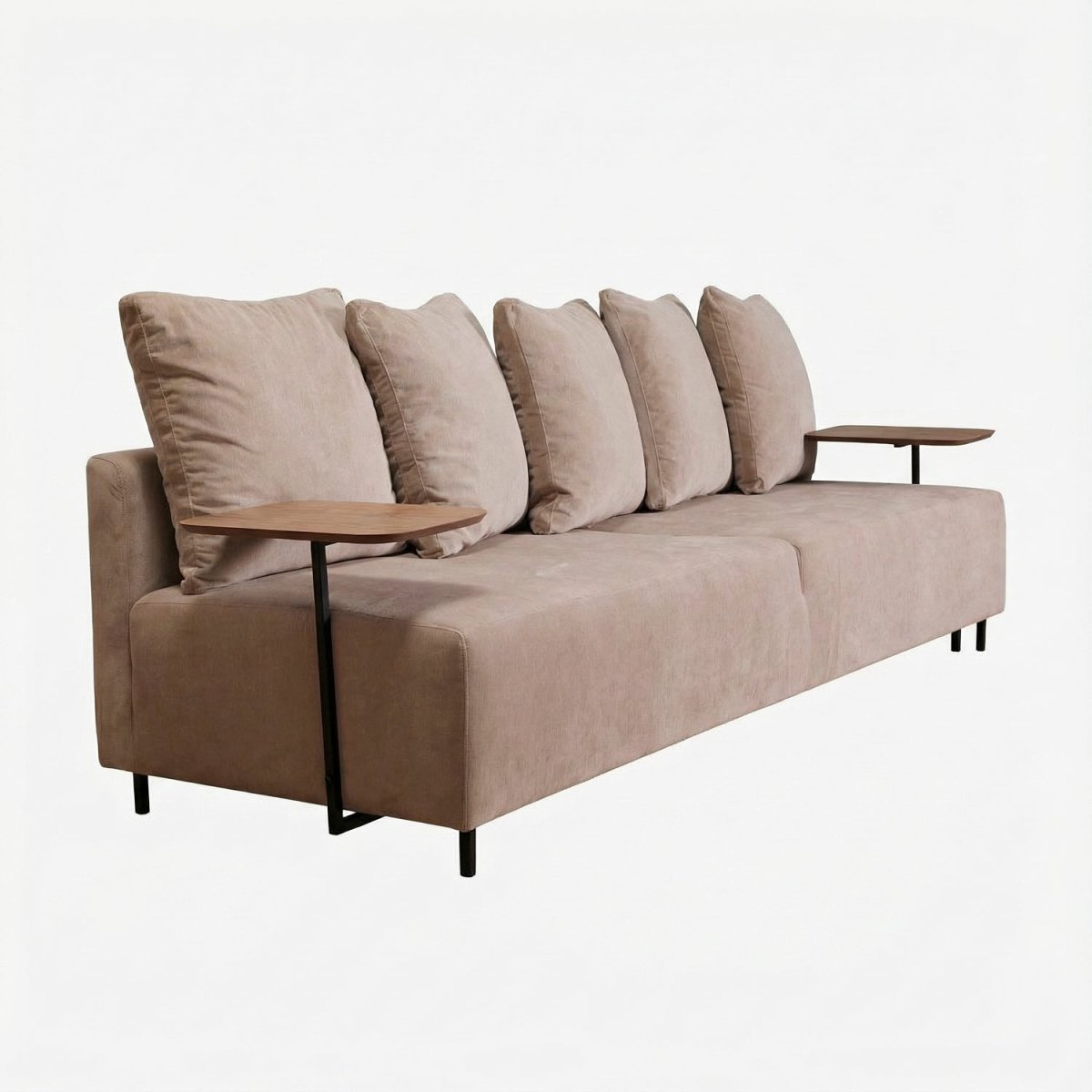 ULFIL | ספה תלת מושבית מודרנית מרופדת בבד אריג עם מגשי עץ - KUALA