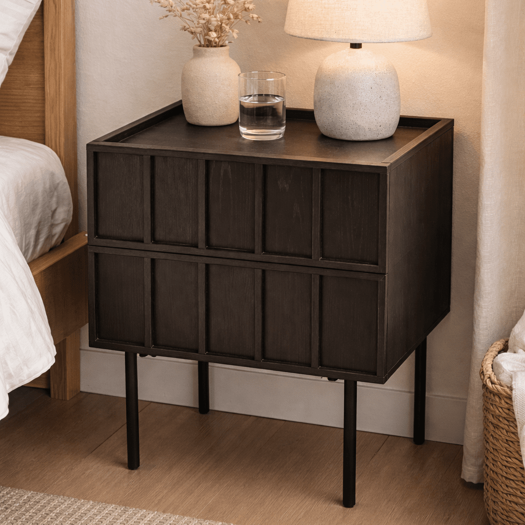 UNNBORG | שידת לילה מעץ ומתכת, 48/44 ס"מ, עם מגירות ומגש עליון - KUALA