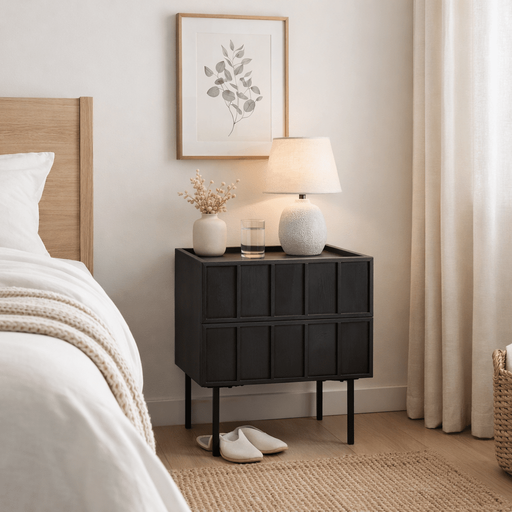 UNNBORG | שידת לילה מעץ ומתכת, 48/44 ס"מ, עם מגירות ומגש עליון - KUALA