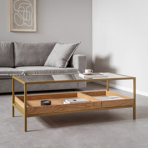 מעבר לעמוד מוצר MOXI | שולחן מלבני מברזל מוזהב, עץ וחיפוי זכוכית
