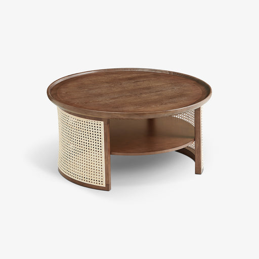 מעבר לעמוד מוצר Beau | שולחן סלון עגול מעץ מלא בגוון אגוז עם מסגרת ראטן
