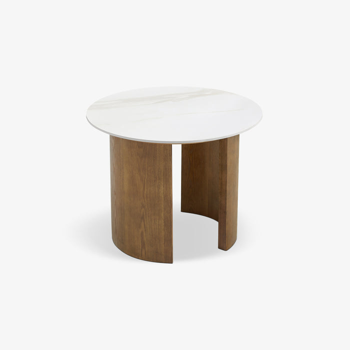 SOREN | שולחן צד עגול בשילוב עץ אלון מלא ופלטת קרמיקה בגימור שיש